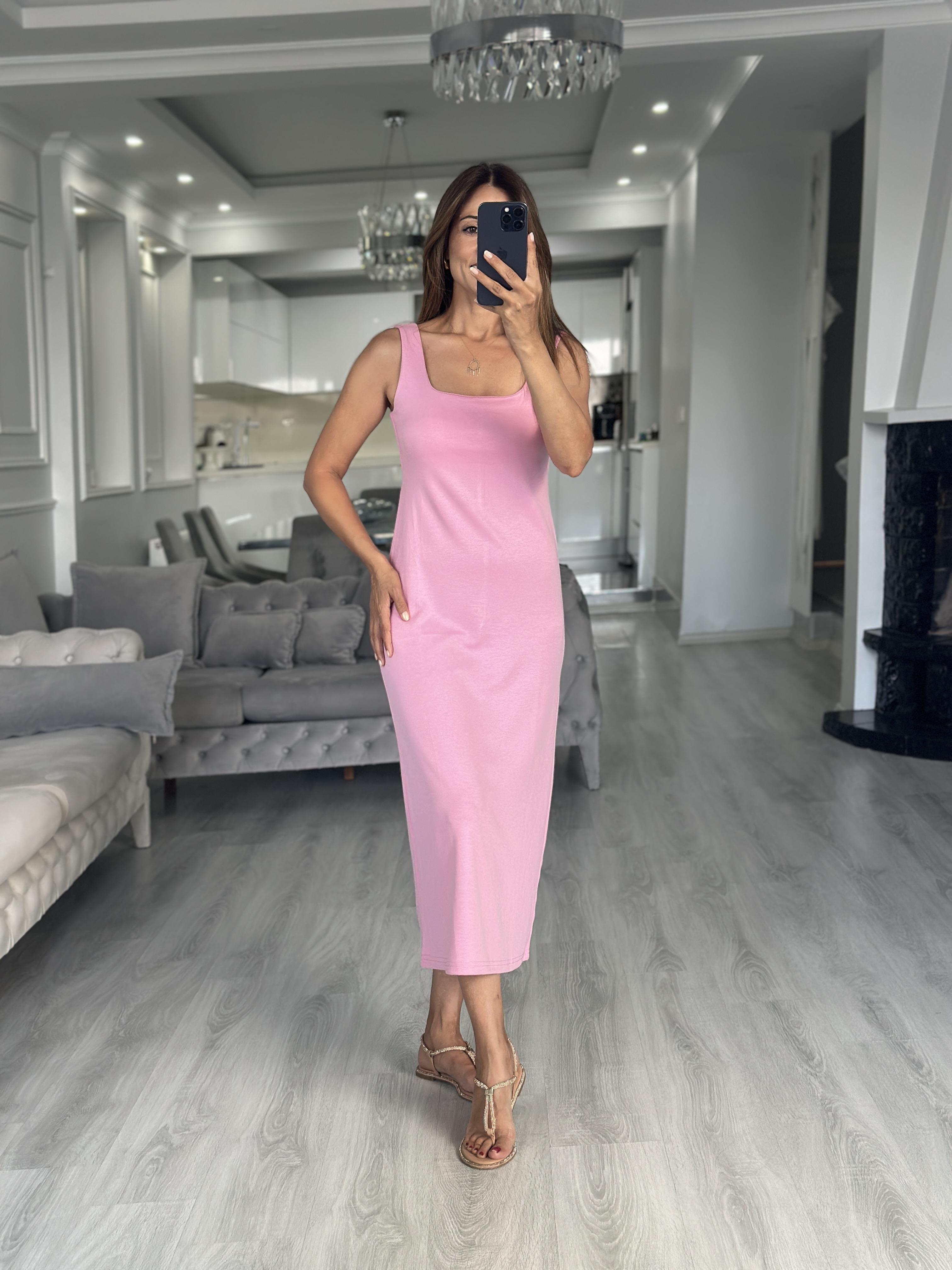 Pembe Kare Yaka Düz Basic Midi Boy Kadın Elbise 