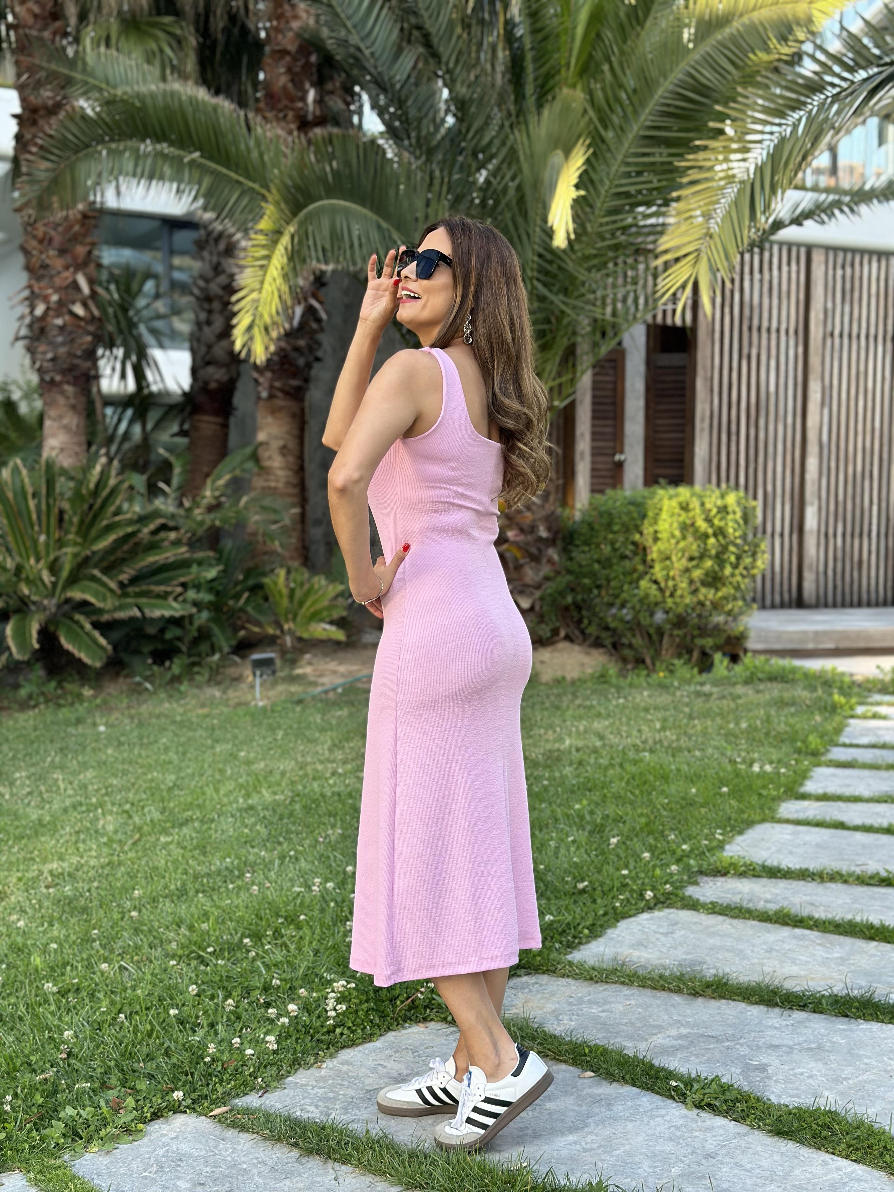 Pembe Kare Yaka Kalın Askılı Kaşkorse Kadın Elbise 