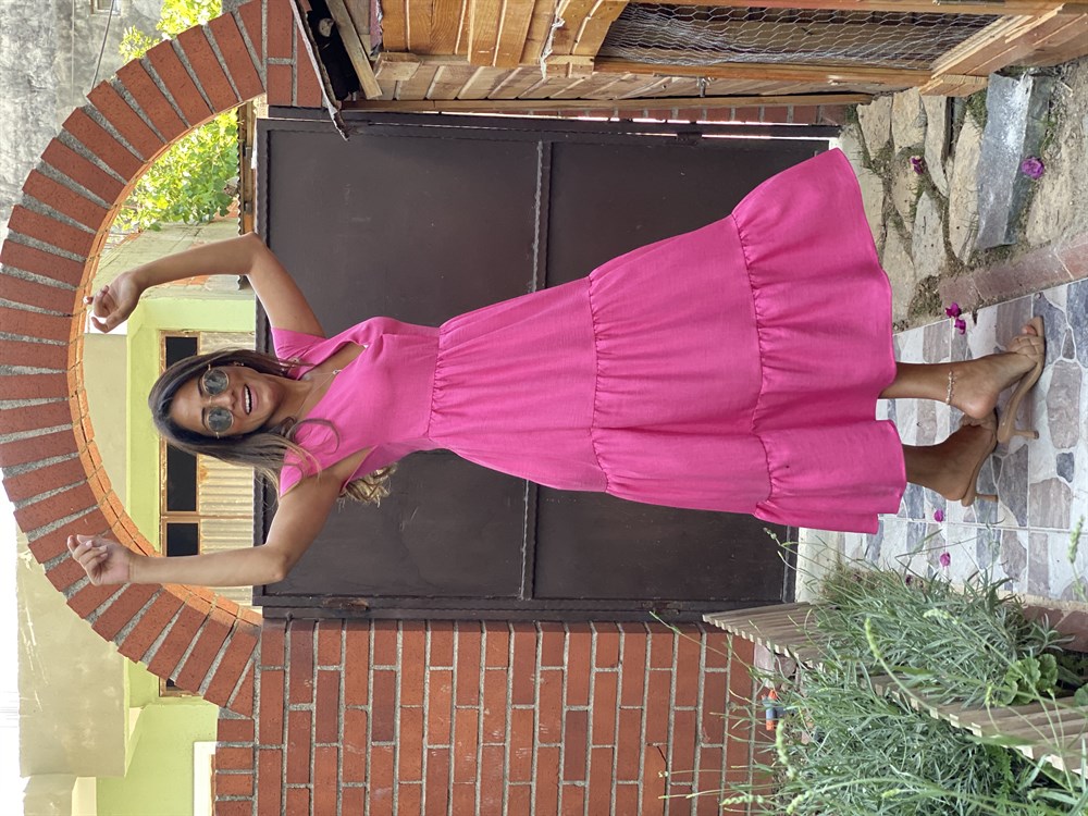 Pembe Keten Aerobin V Yaka Maksi Boy Katlı Kadın Elbise