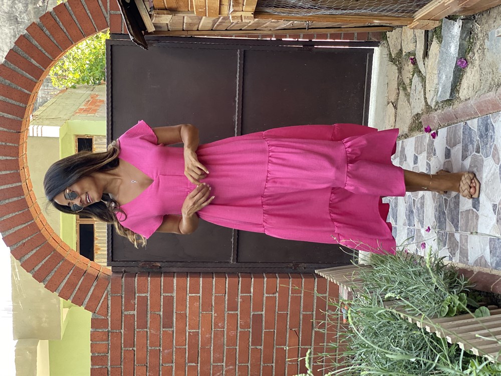 Pembe Keten Aerobin V Yaka Maksi Boy Katlı Kadın Elbise