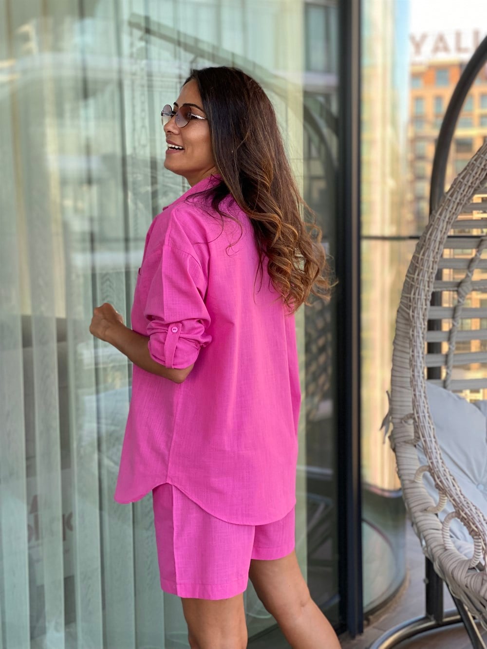 Pembe Keten Gömlek Şort İkili Kadın Takım