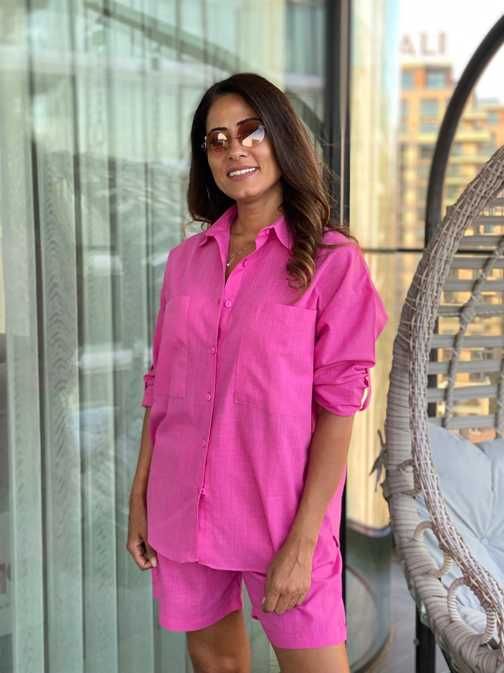 Pembe Keten Gömlek Şort İkili Kadın Takım