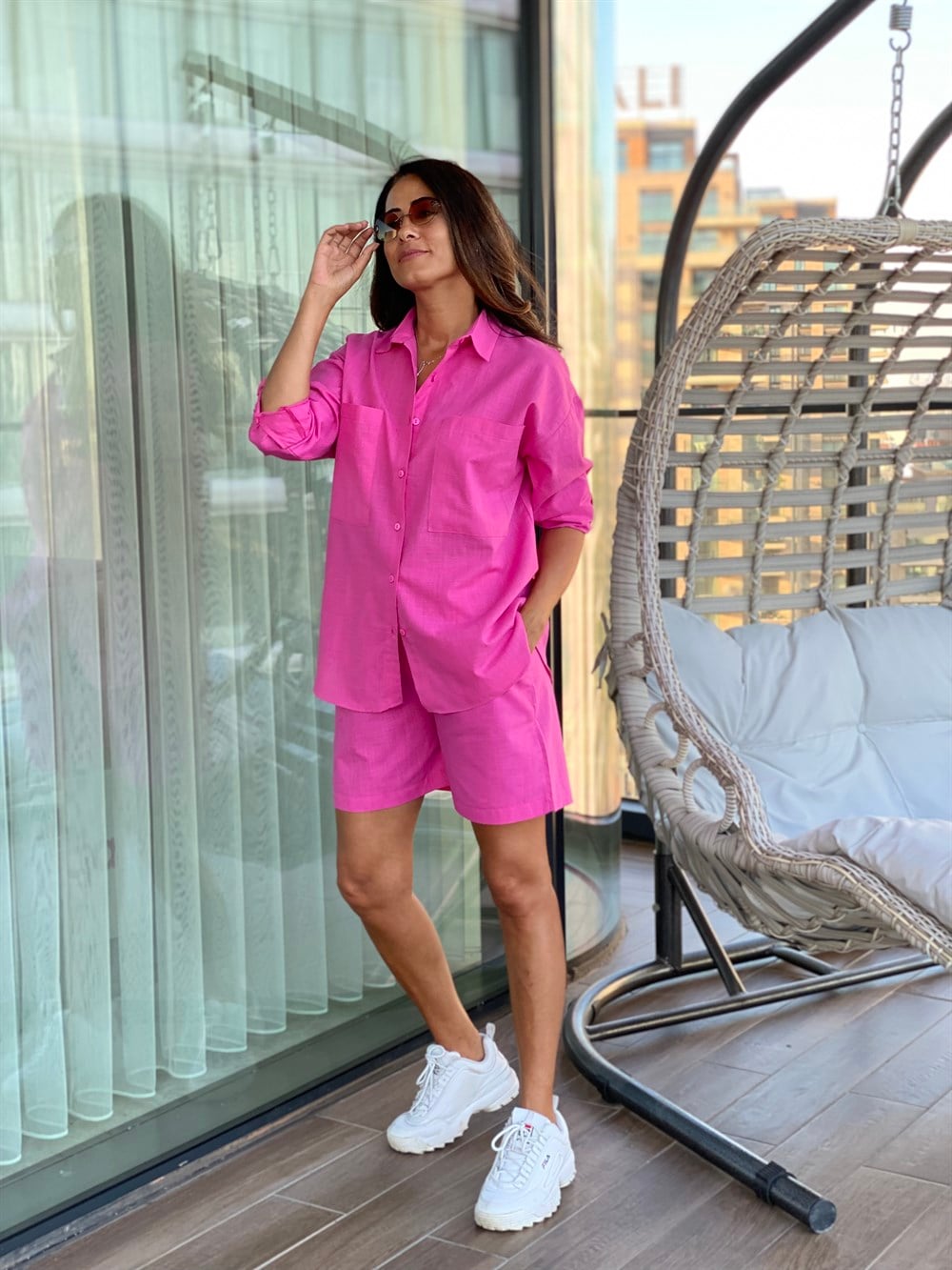 Pembe Keten Gömlek Şort İkili Kadın Takım
