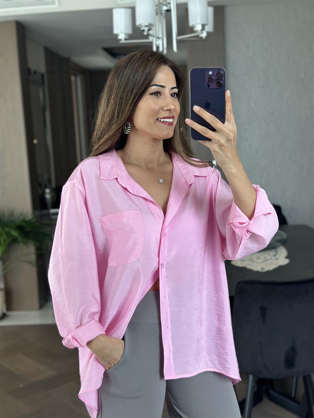 Pembe Krinkıl Oversize Kadın Gömlek