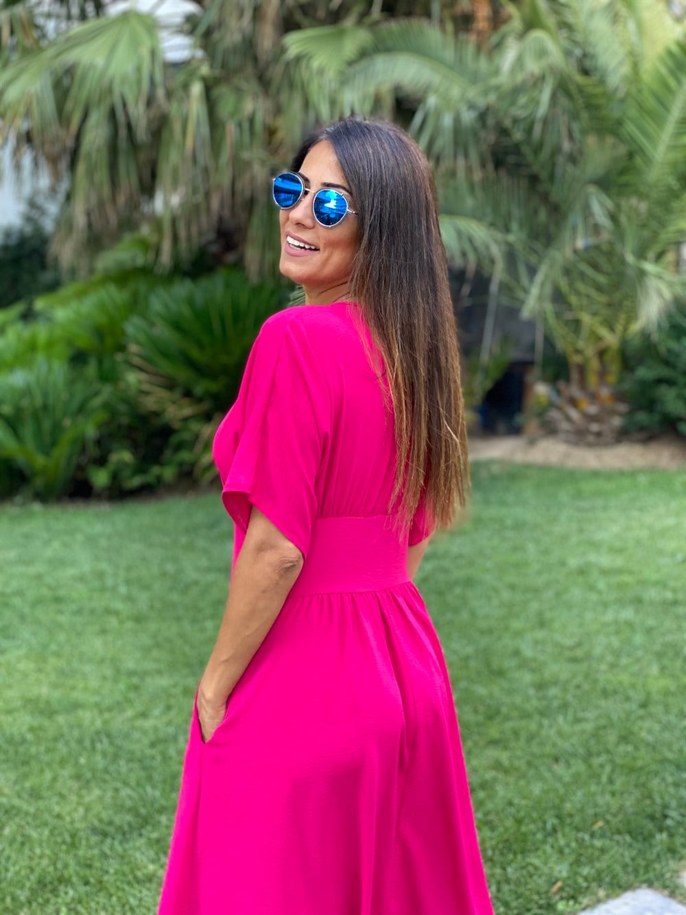 Pembe Kruvaze Yaka Yarasa Kol Aerobin Kadın Elbise 