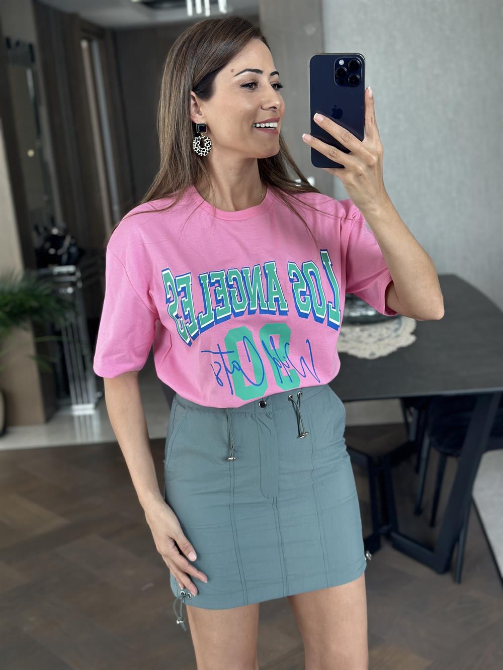 Pembe Los 90 Baskılı Bisiklet Yaka Kadın T-Shirt