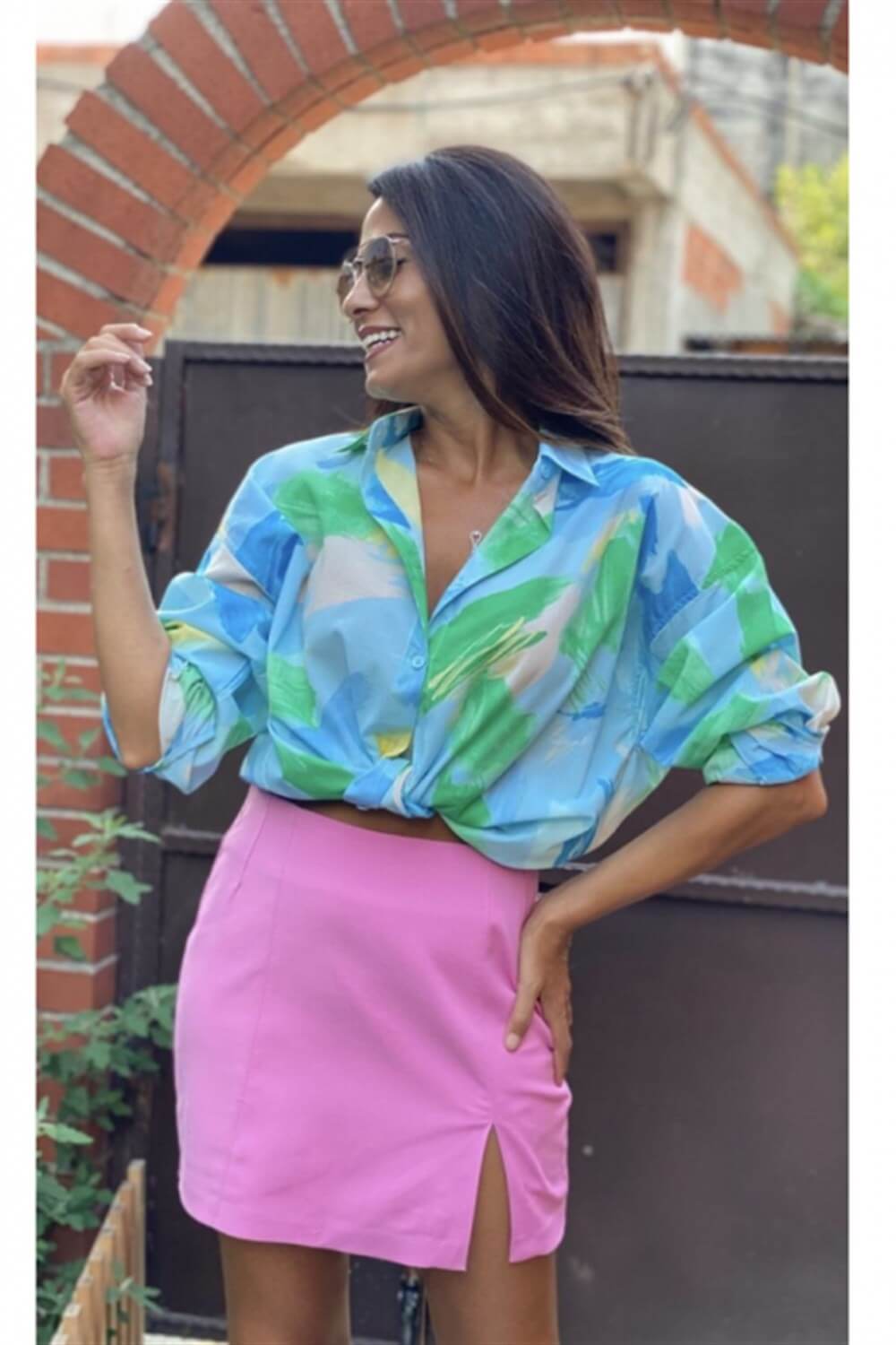 Pembe Mini Yırtmaçlı Etek