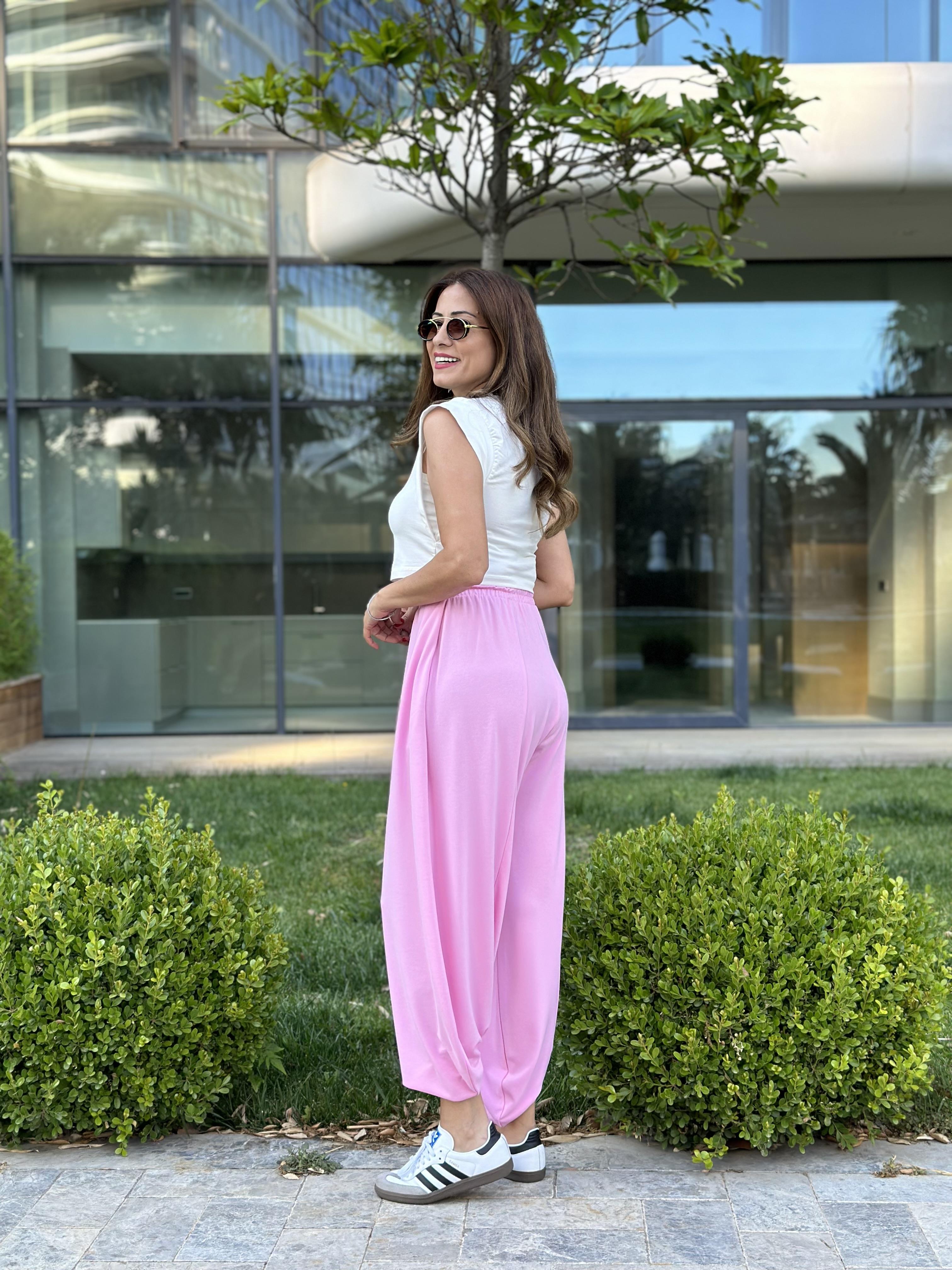 Pembe Pileli Bağcıklı Kadın Şalvar  Pantolon