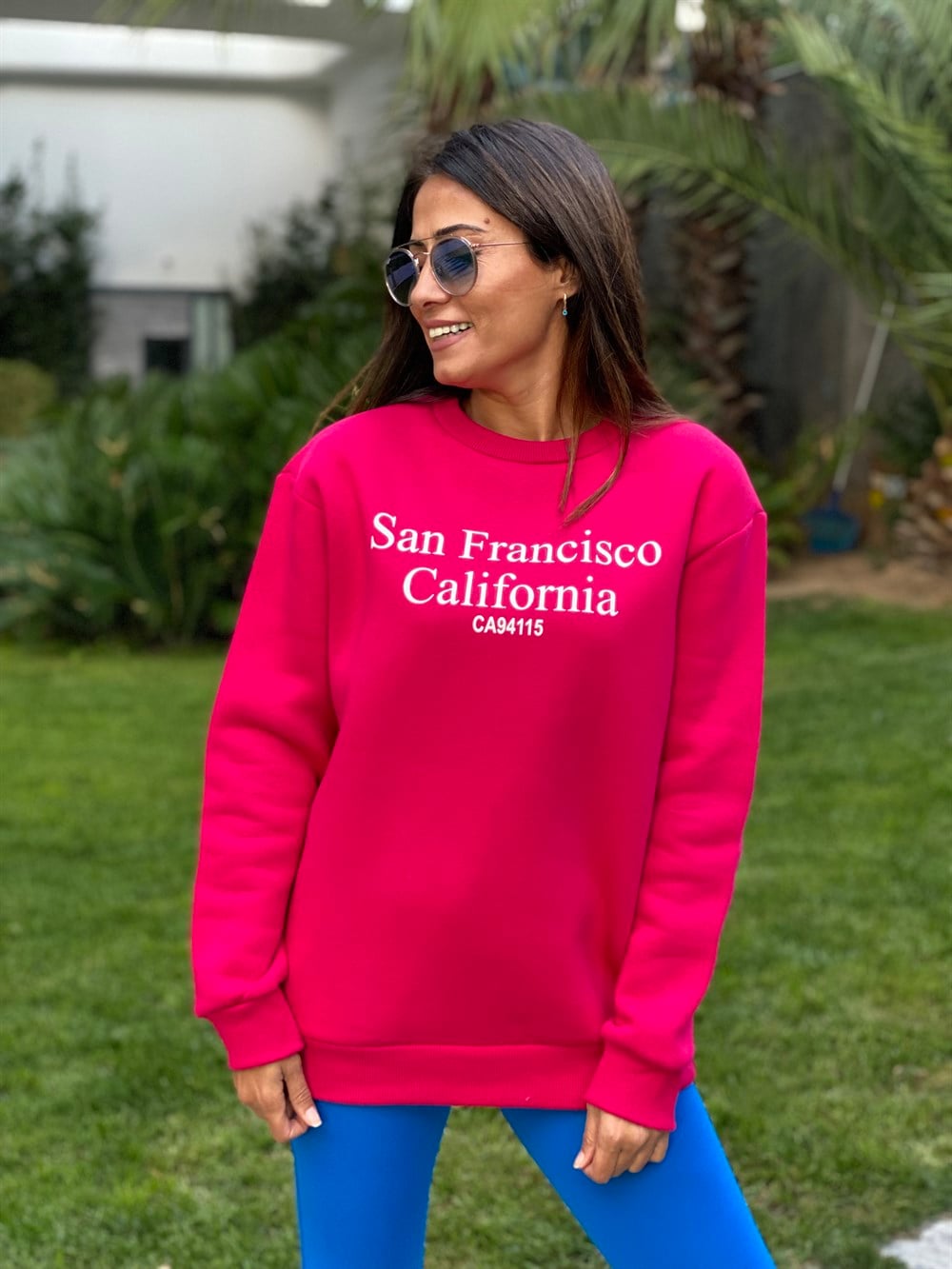 Pembe San Bisiklet Yaka Kadın Sweatshirt