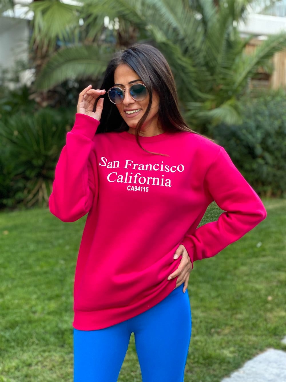 Pembe San Bisiklet Yaka Kadın Sweatshirt
