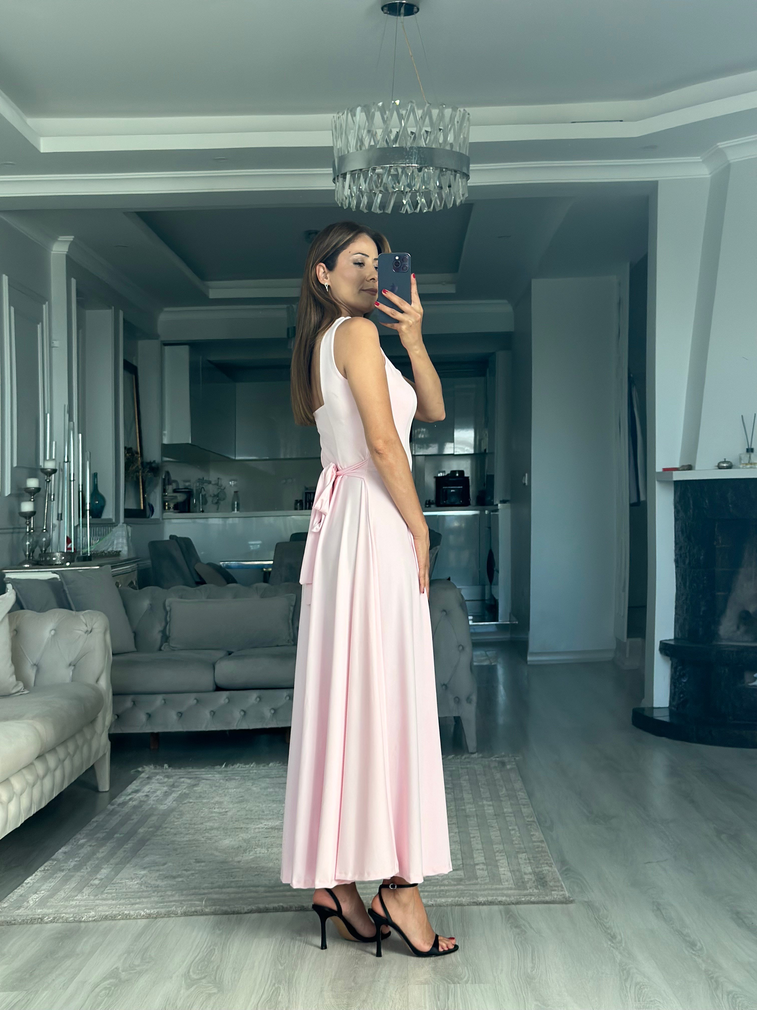 Pembe Scuba Bağlama Detay Maxi Boy Kadın Elbise 