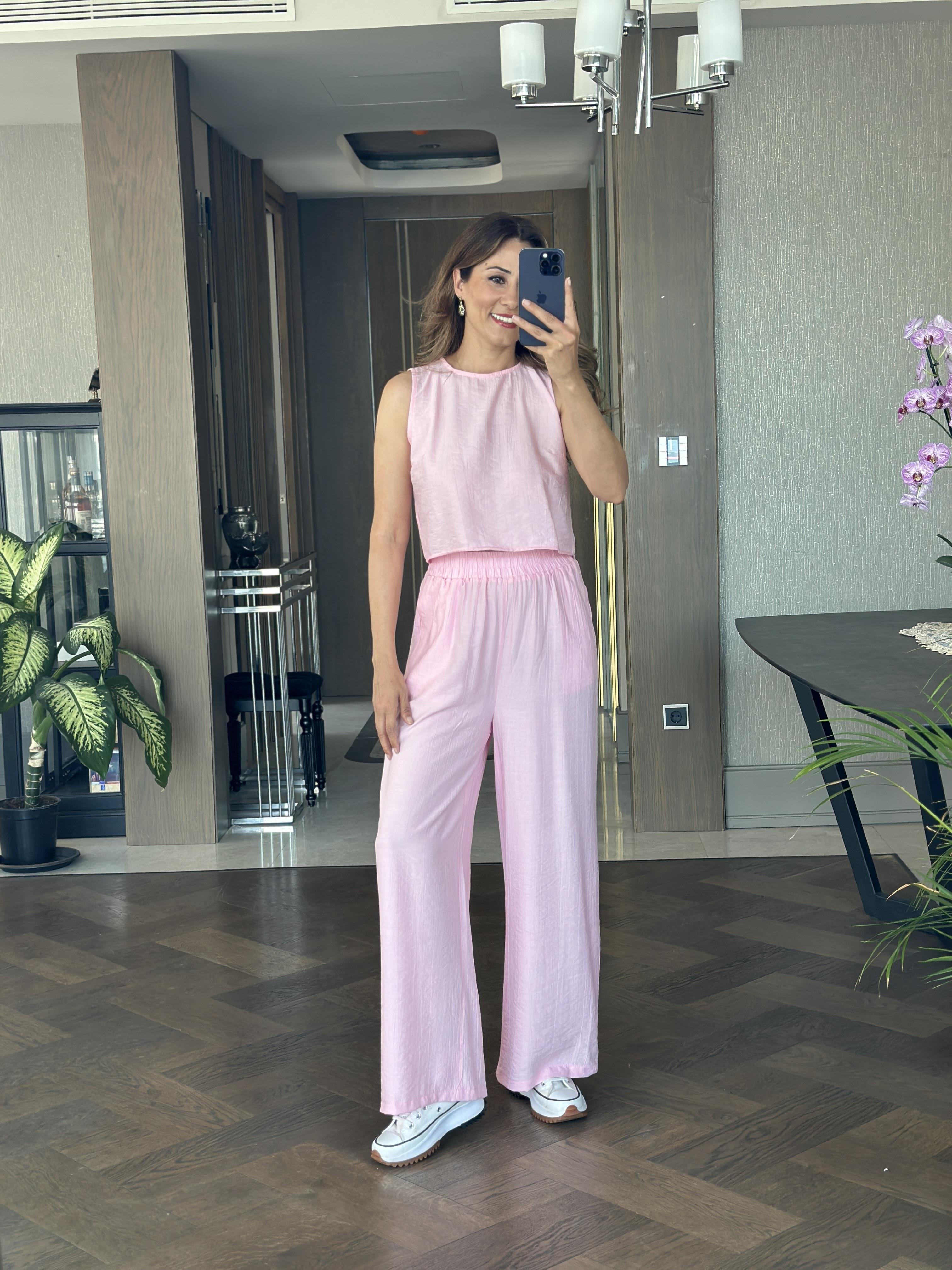 Pembe Sıfır Kol Arkası Bağcıklı Bluz Pantolon Kadın İkili Takım