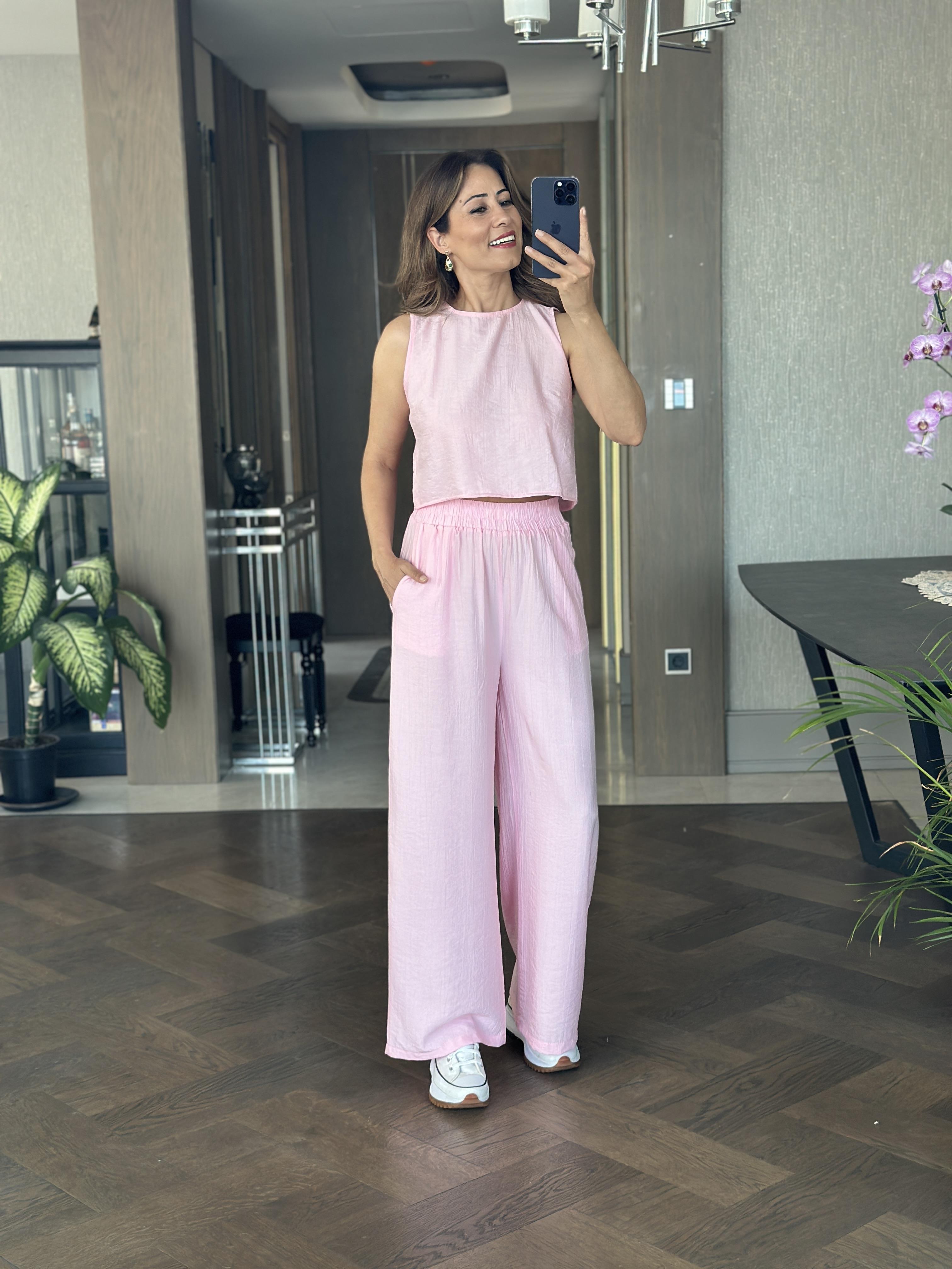 Pembe Sıfır Kol Arkası Bağcıklı Bluz Pantolon Kadın İkili Takım