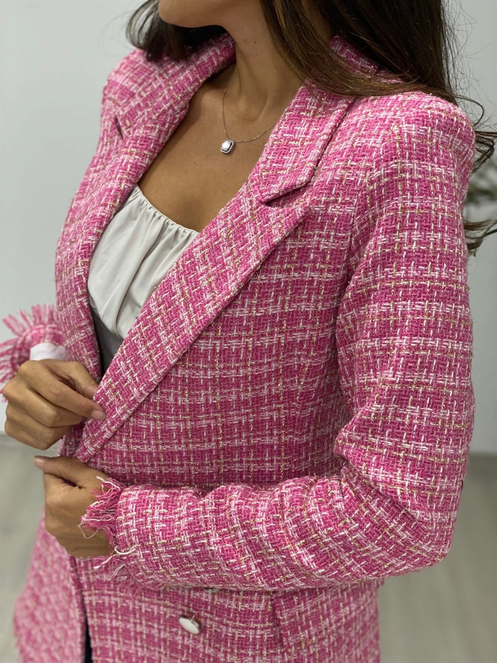 Pembe Simli Eteği Püsküllü Tüvit Kadın Ceket
