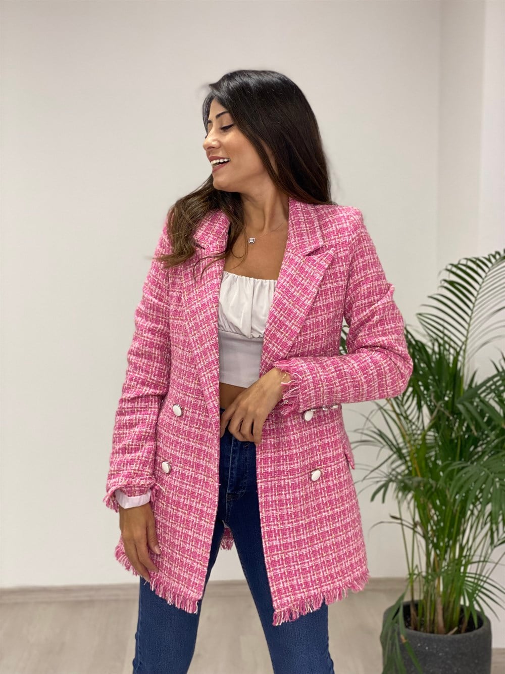 Pembe Simli Eteği Püsküllü Tüvit Kadın Ceket