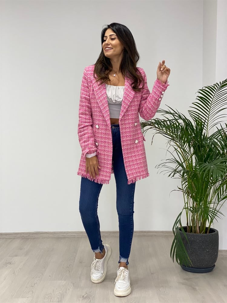 Pembe Simli Eteği Püsküllü Tüvit Kadın Ceket
