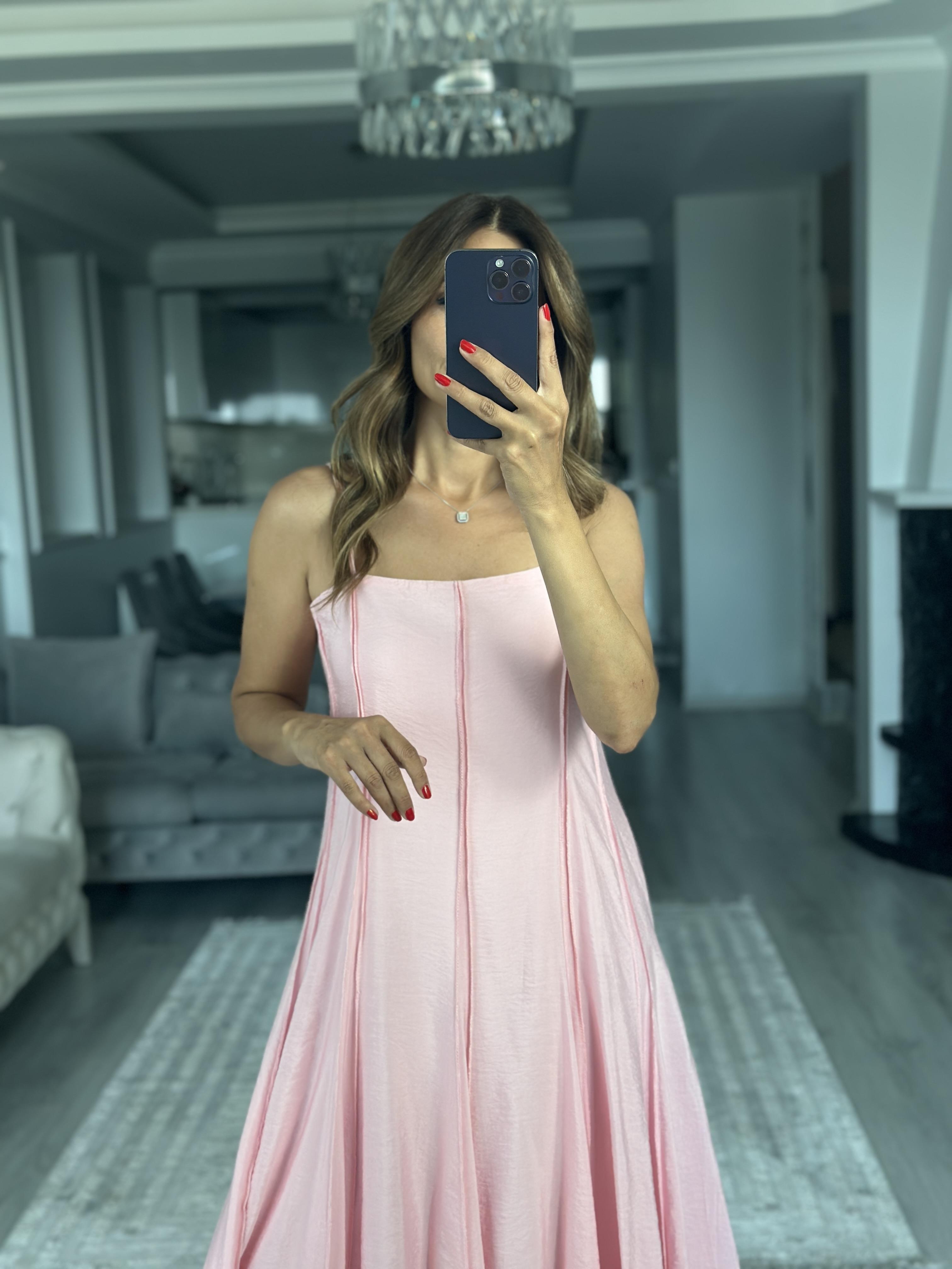 Pembe Straplez Yaka İnce Askılı Midi Boy Kadın Elbise
