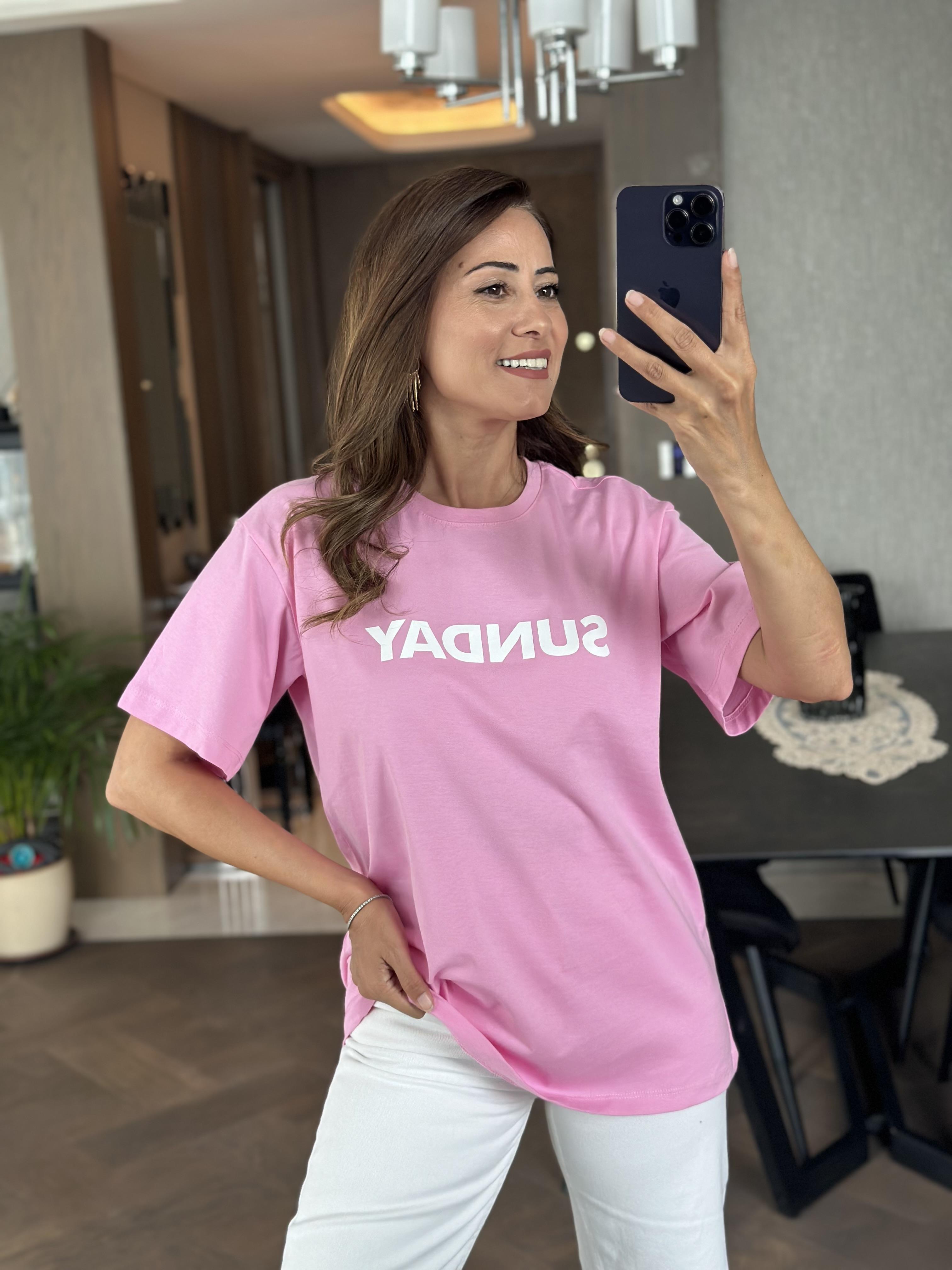 Pembe Sunday Yazı Baskılı Bisiklet Yaka Oversize T-Shirt