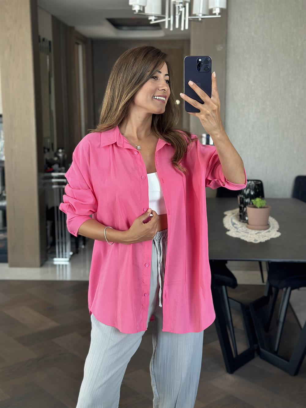 Pembe Tensel  Oversize Kadın Gömlek
