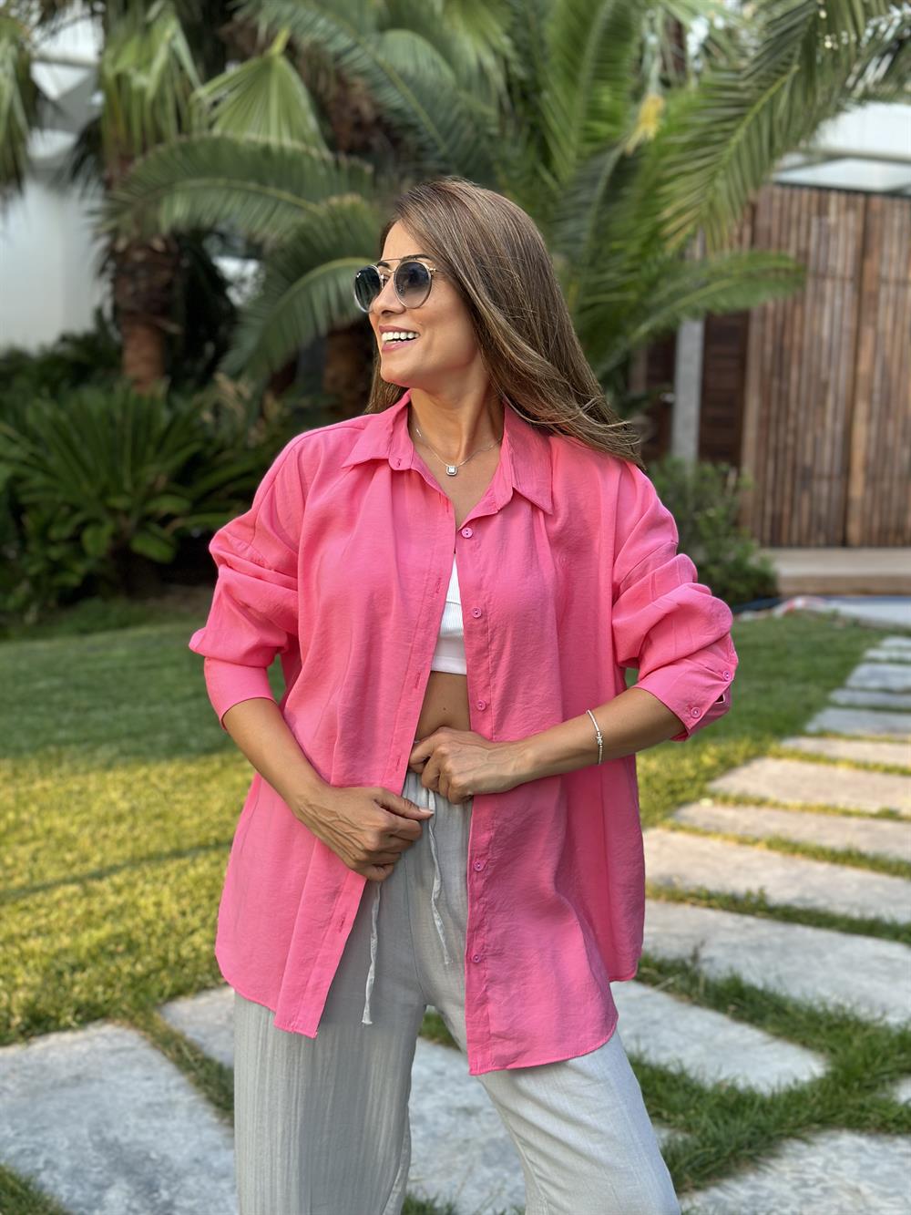 Pembe Tensel  Oversize Kadın Gömlek