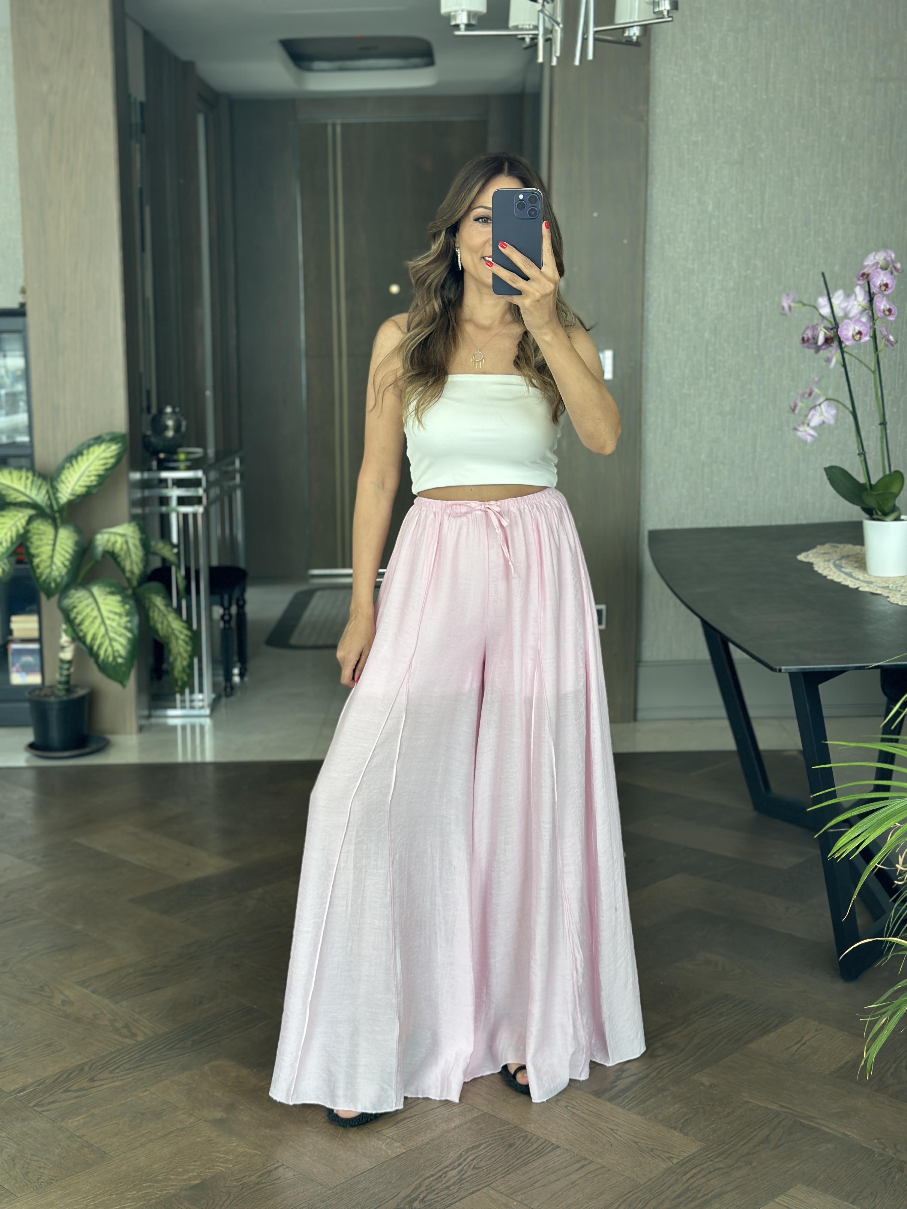 Pembe Ters Dikiş Parçalı Bağcıklı Geniş Paça Kadın Pantolon