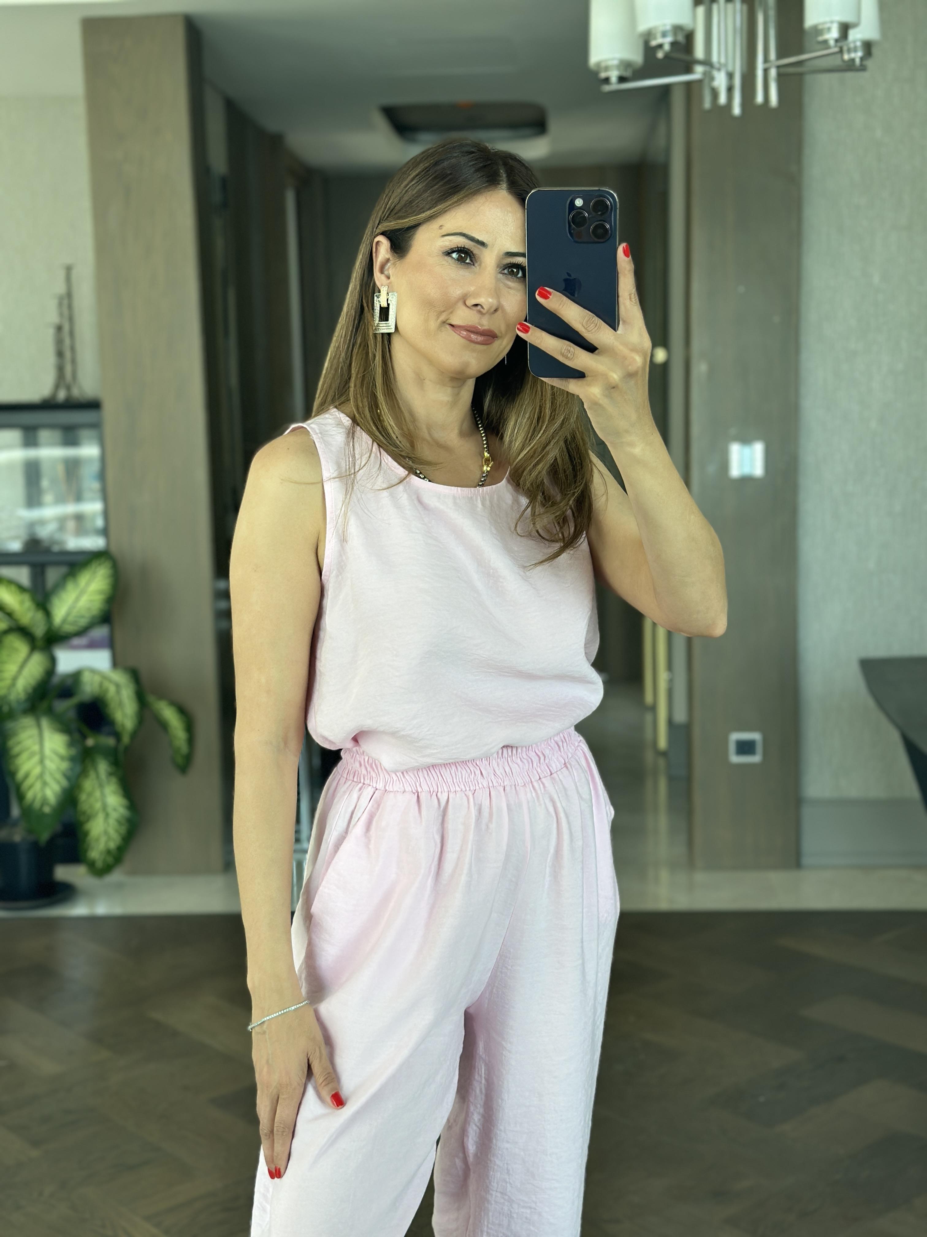 Pembe Bisiklet Yaka Sıfır Kol Bluz Pantolon Tensel Alt Üst Takım