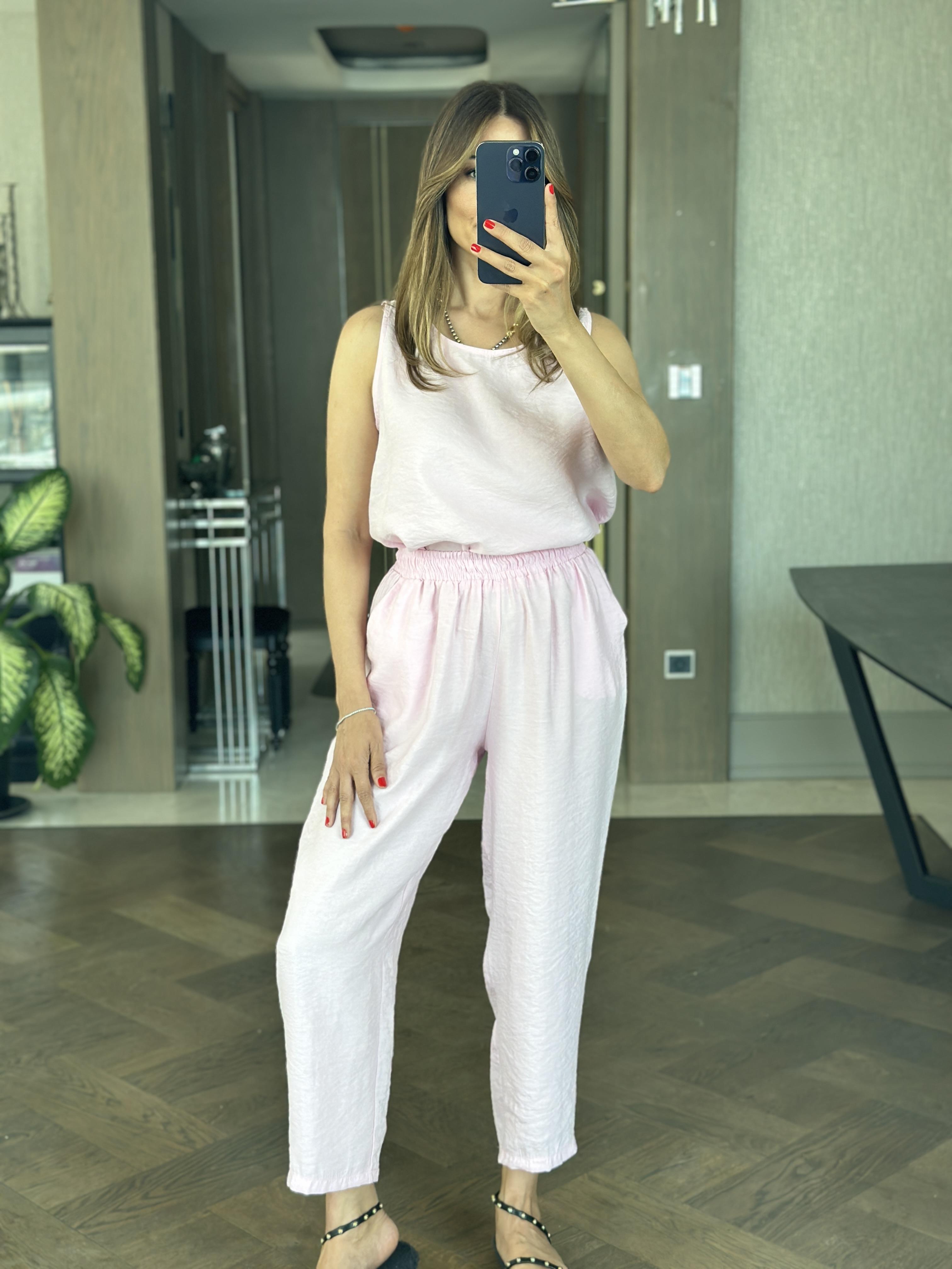 Pembe Bisiklet Yaka Sıfır Kol Bluz Pantolon Tensel Alt Üst Takım