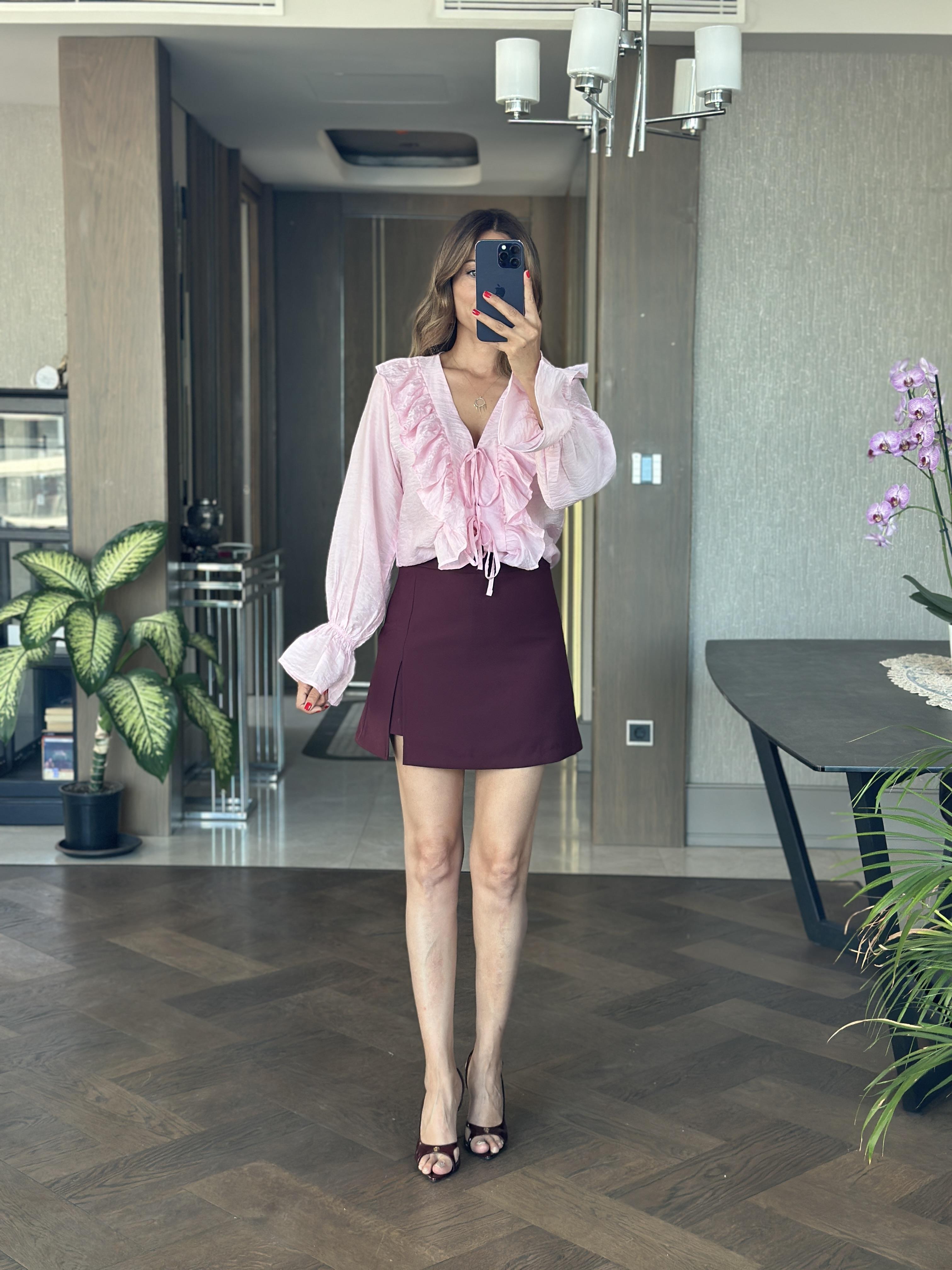 Pembe Uzun Kol Fırfır Detaylı Bağlamalı Kadın Bluz