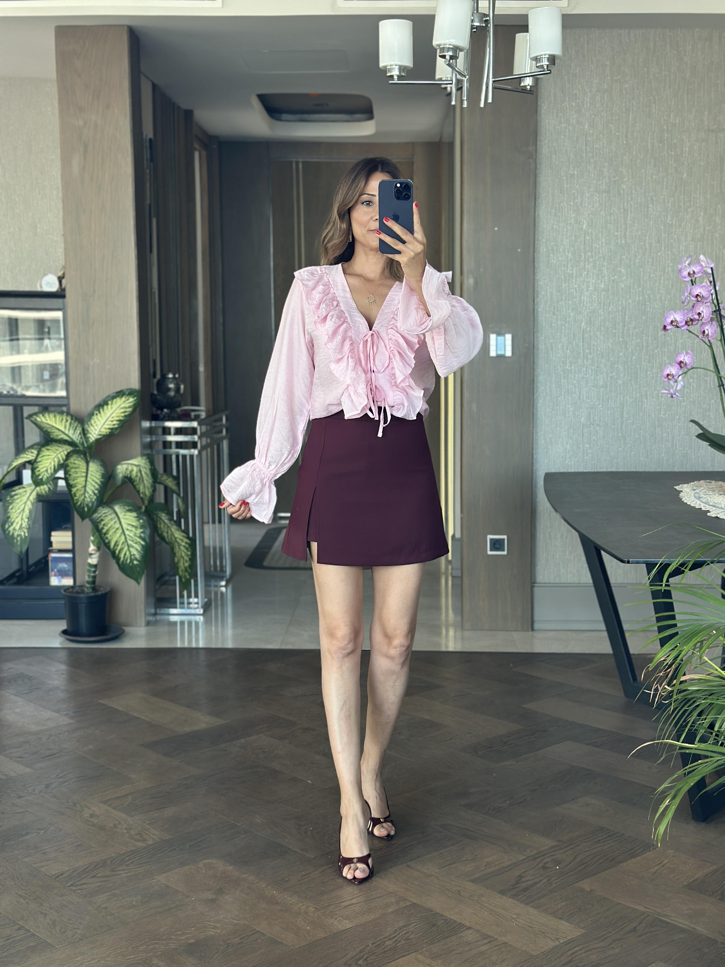Pembe Uzun Kol Fırfır Detaylı Bağlamalı Kadın Bluz
