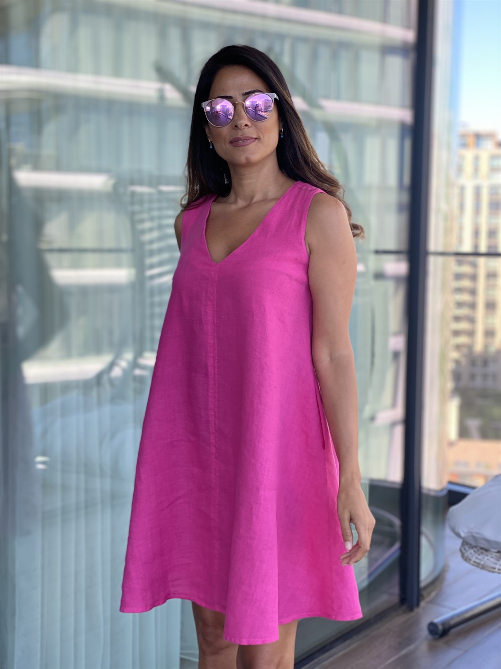 Pembe V Yaka Ham Keten Cepli Kadın Elbise