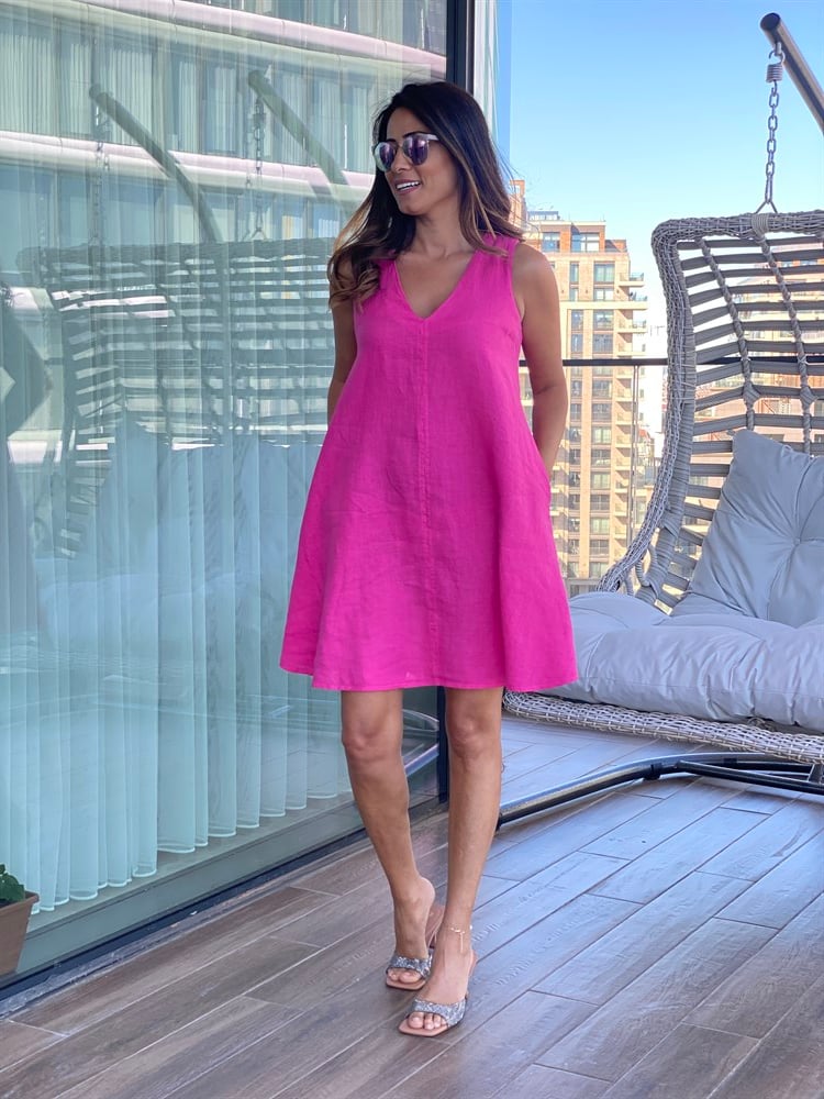 Pembe V Yaka Ham Keten Cepli Kadın Elbise
