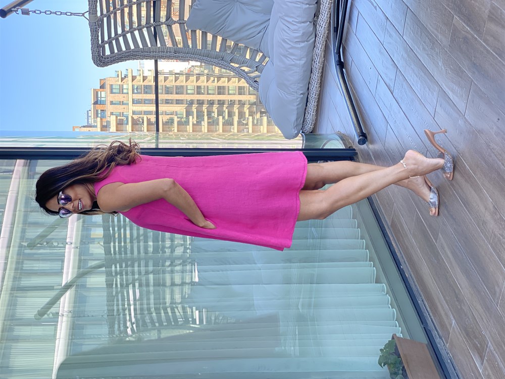 Pembe V Yaka Ham Keten Cepli Kadın Elbise