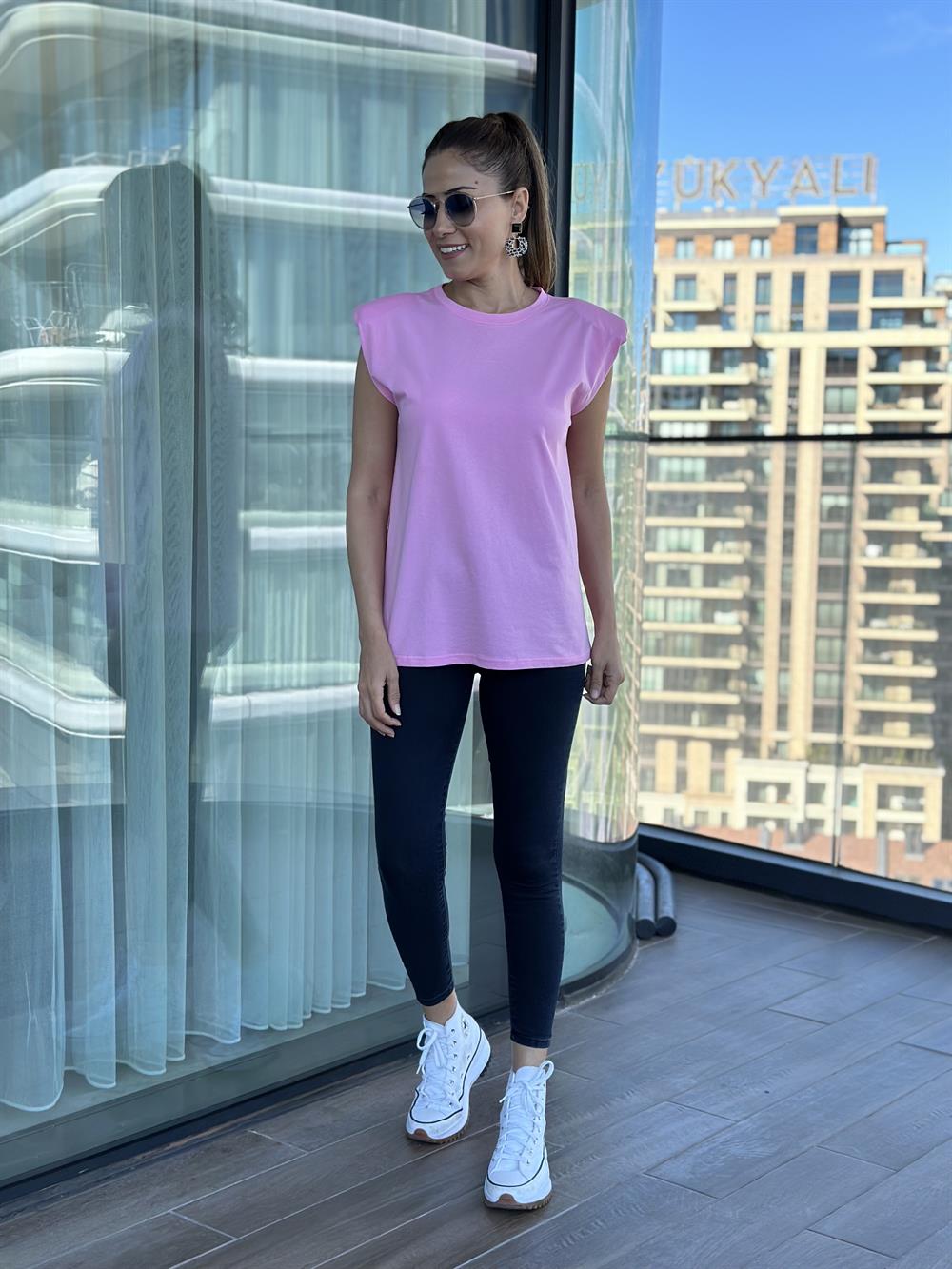 Pembe Vatkalı Basic Kadın T-Shirt