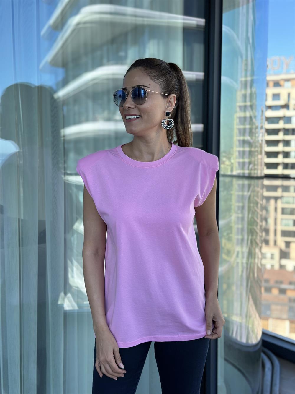 Pembe Vatkalı Basic Kadın T-Shirt