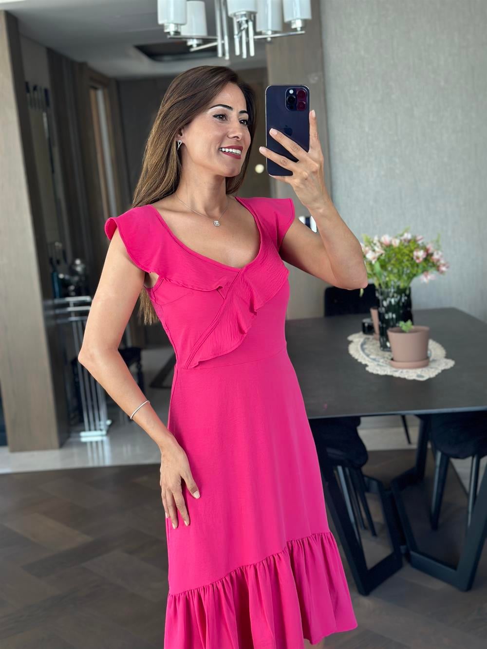 Fuşya Yaka Volanlı Aerobin Kadın Elbise