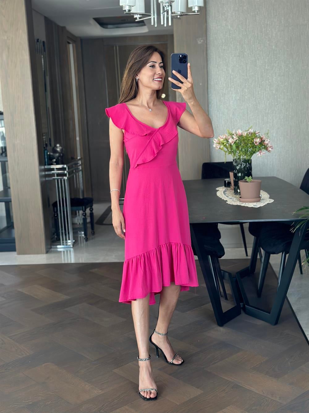 Fuşya Yaka Volanlı Aerobin Kadın Elbise