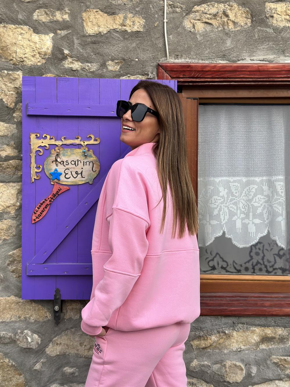 Pembe Yarım Fermuarlı 98 Baskılı Üç İplik Kadın Eşofman Takımı