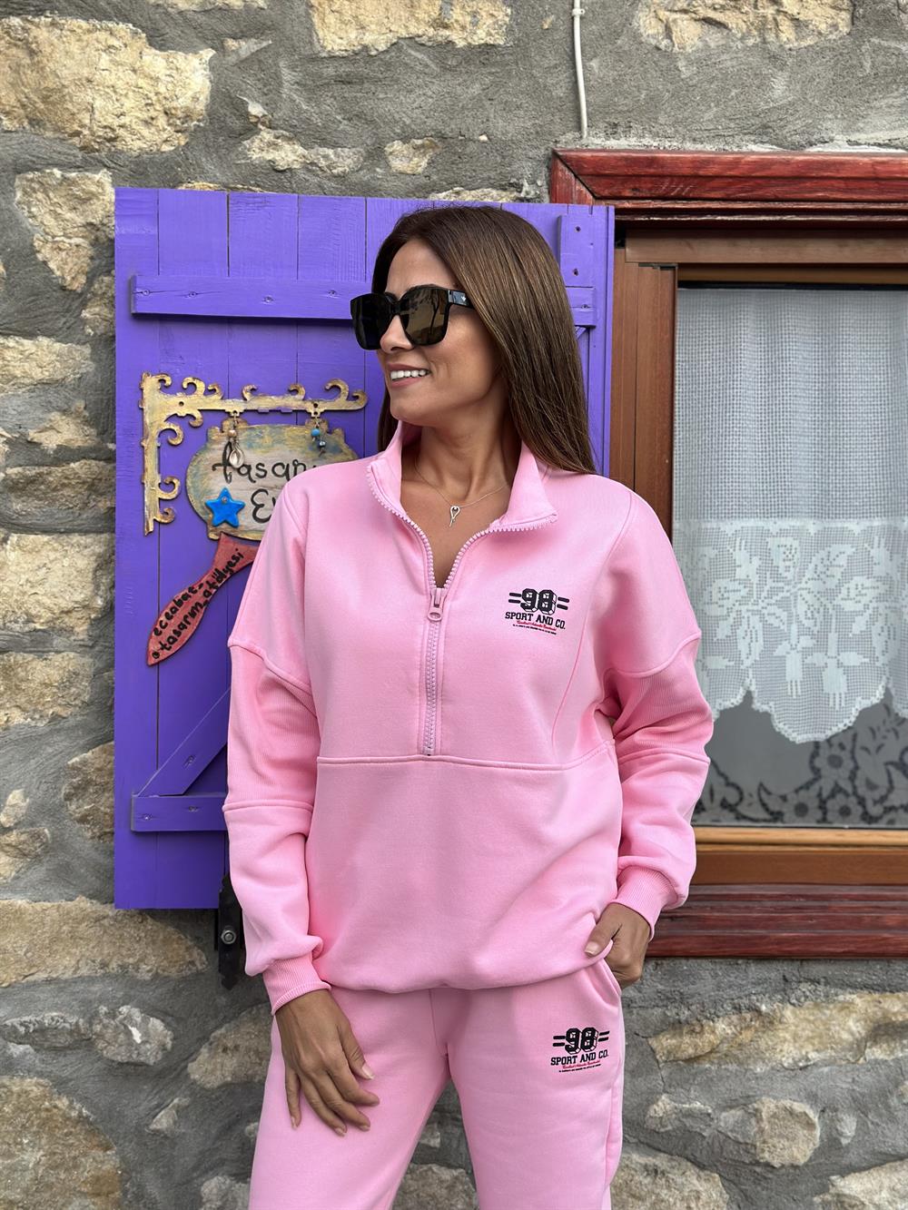 Pembe Yarım Fermuarlı 98 Baskılı Üç İplik Kadın Eşofman Takımı