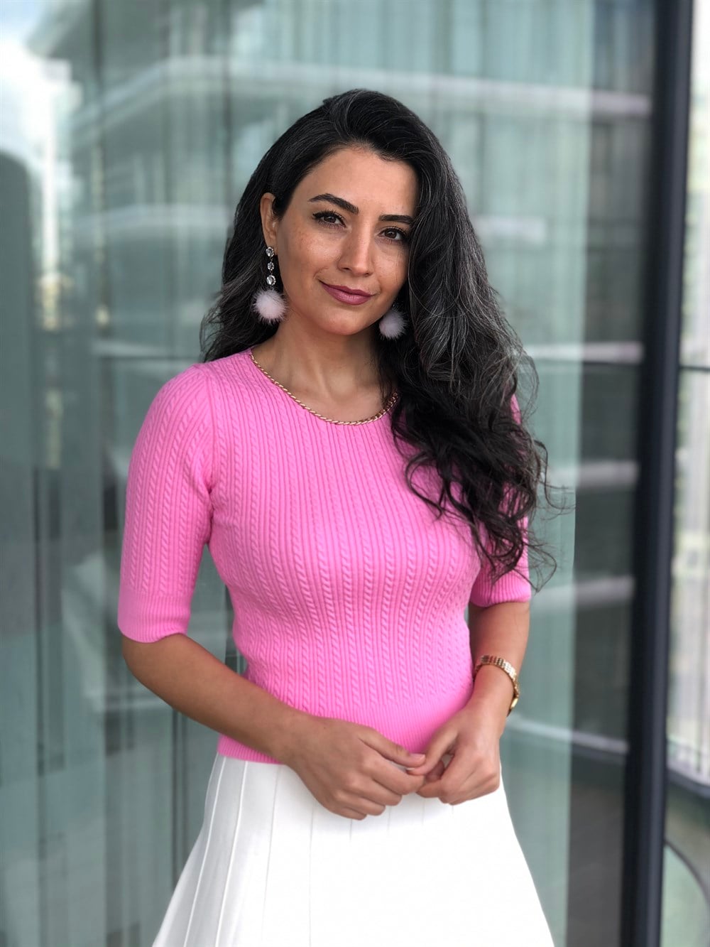 Pembe Zincir Detaylı Saç Örgü Triko Bluz