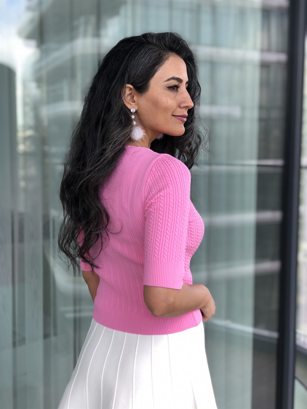 Pembe Zincir Detaylı Saç Örgü Triko Bluz