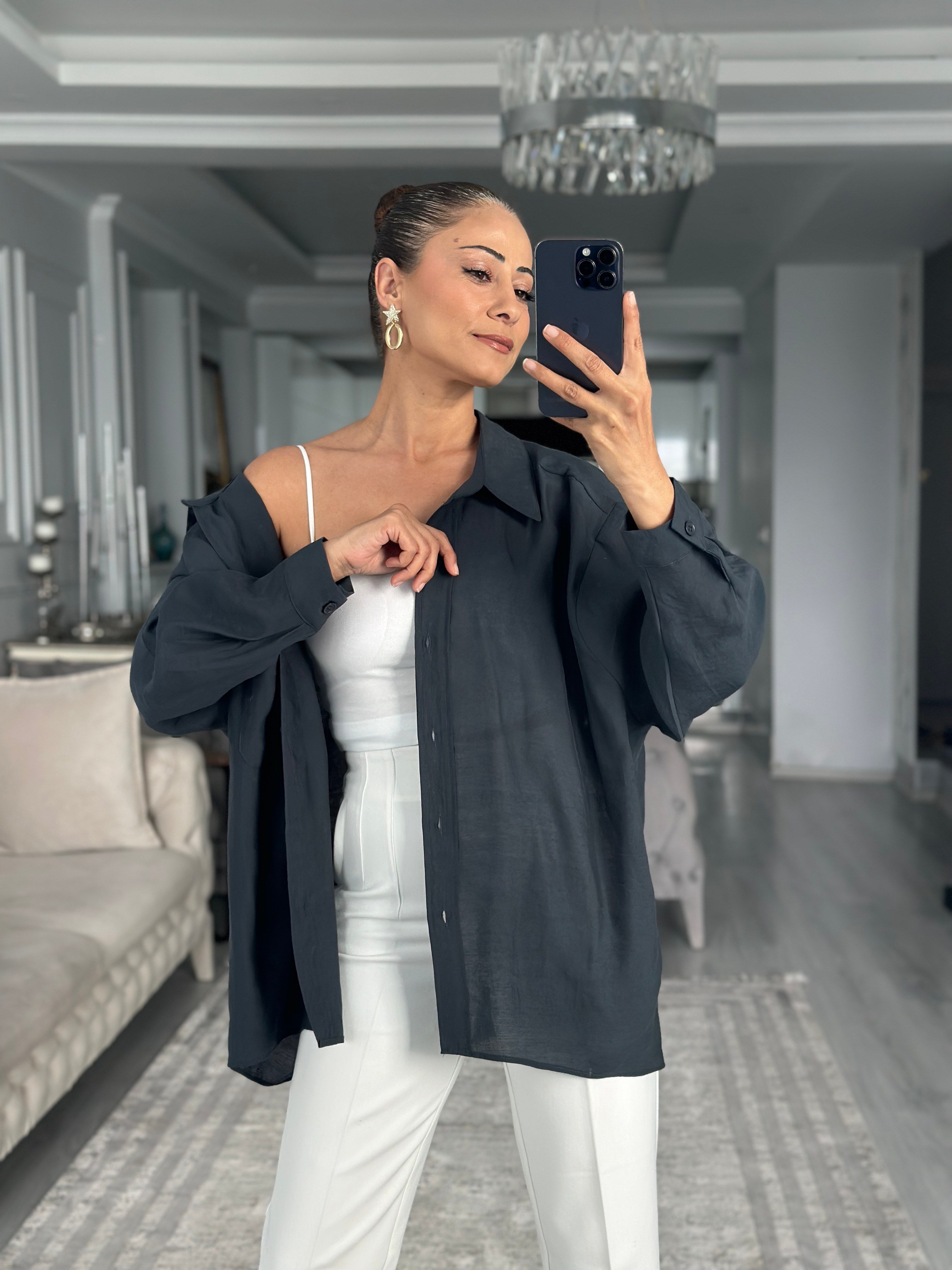 Vintage Lacivert Düşük Omuzlu Oversize Kadın Gömlek