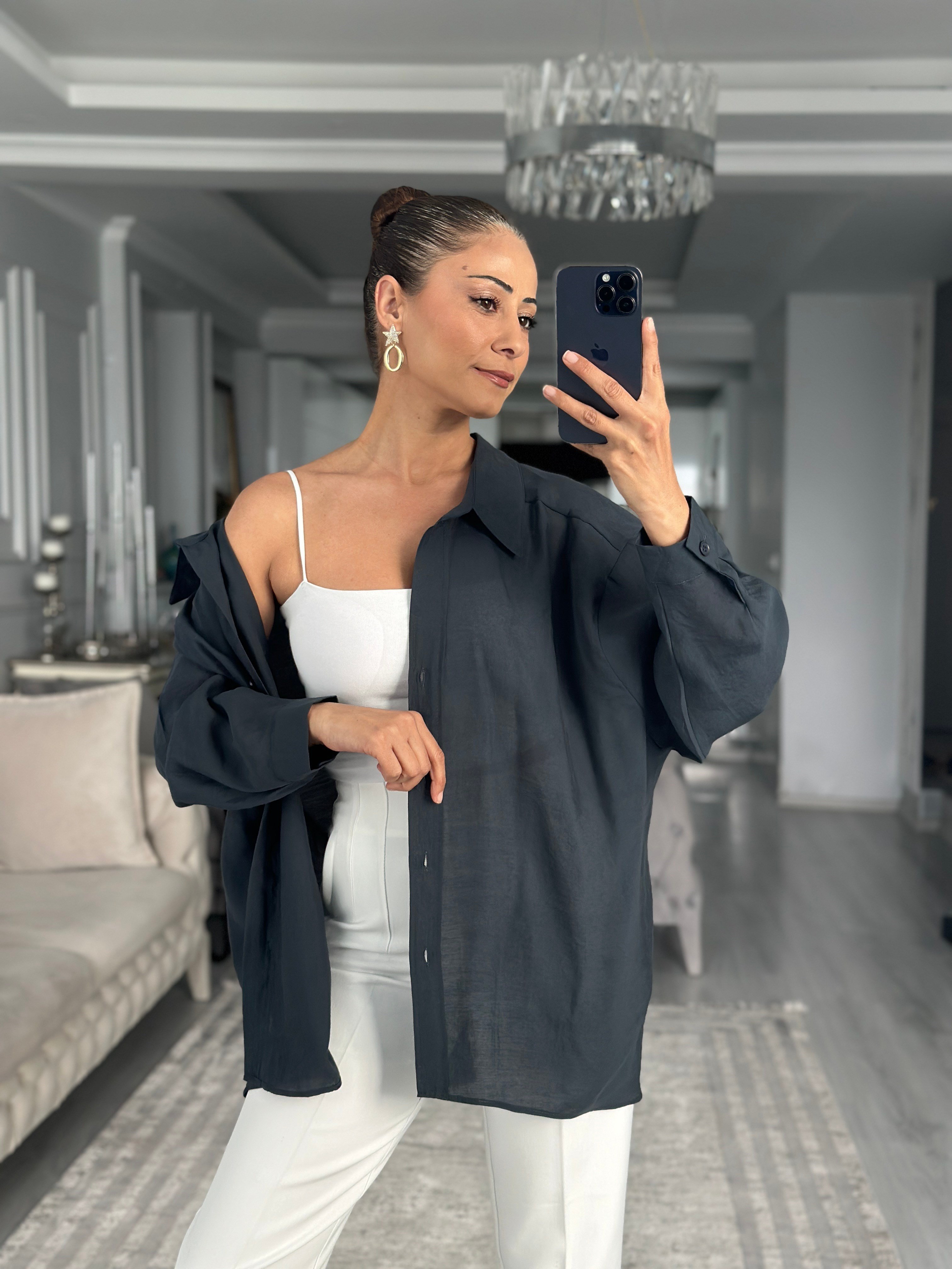 Vintage Lacivert Düşük Omuzlu Oversize Kadın Gömlek