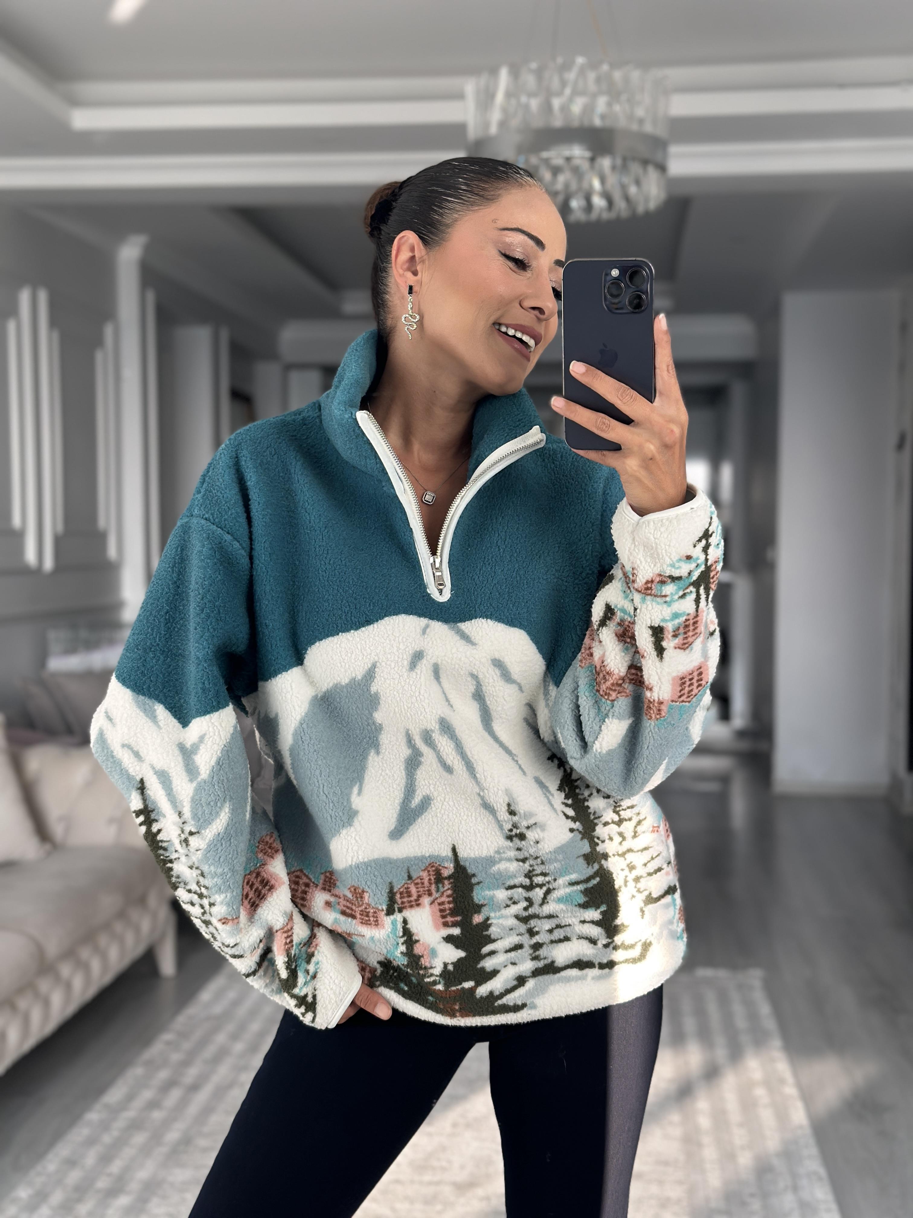 Petrol Yeşili Yarım Fermuarlı Desenli Kadın Sweatshirt
