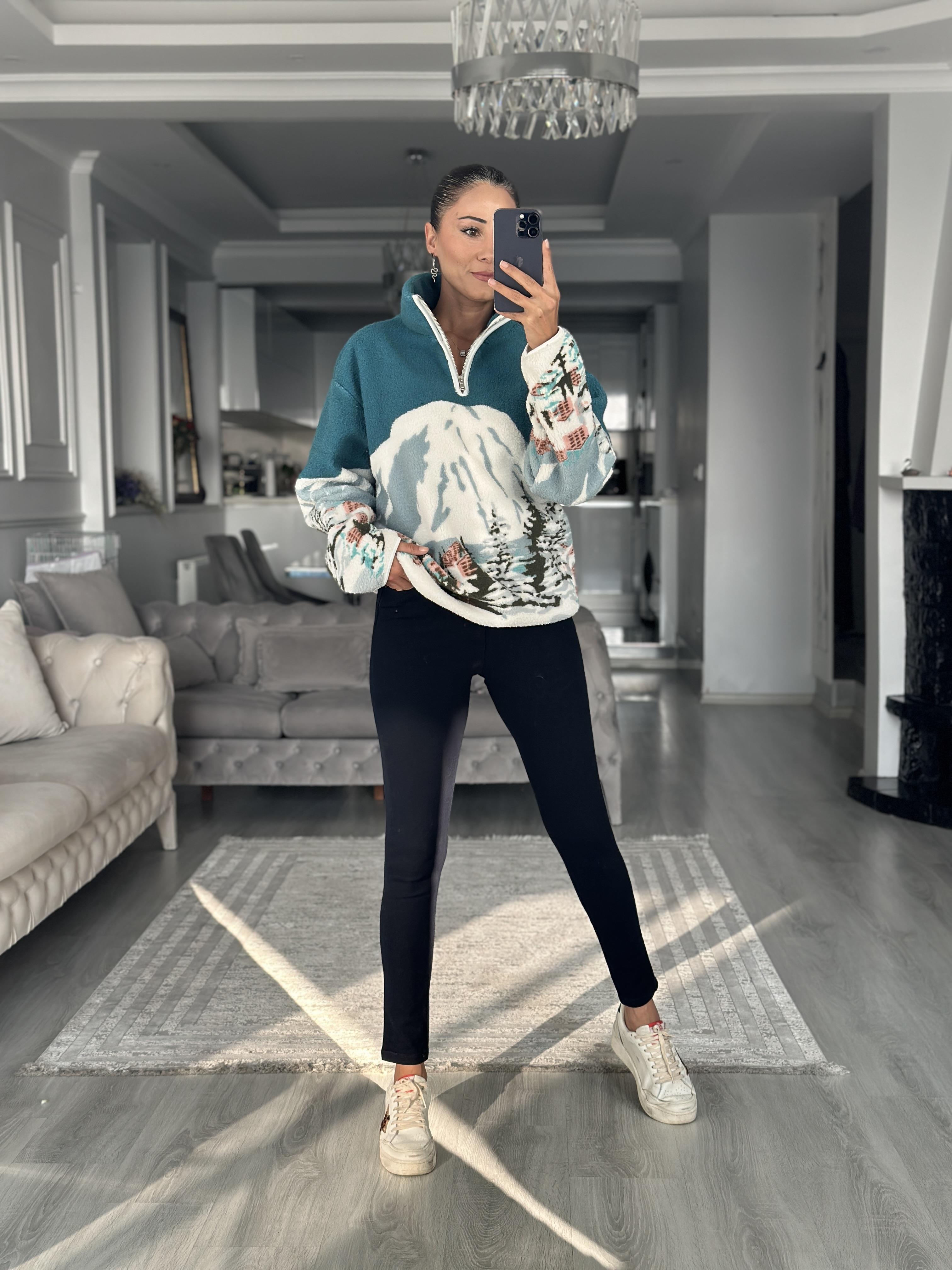 Petrol Yeşili Yarım Fermuarlı Desenli Kadın Sweatshirt