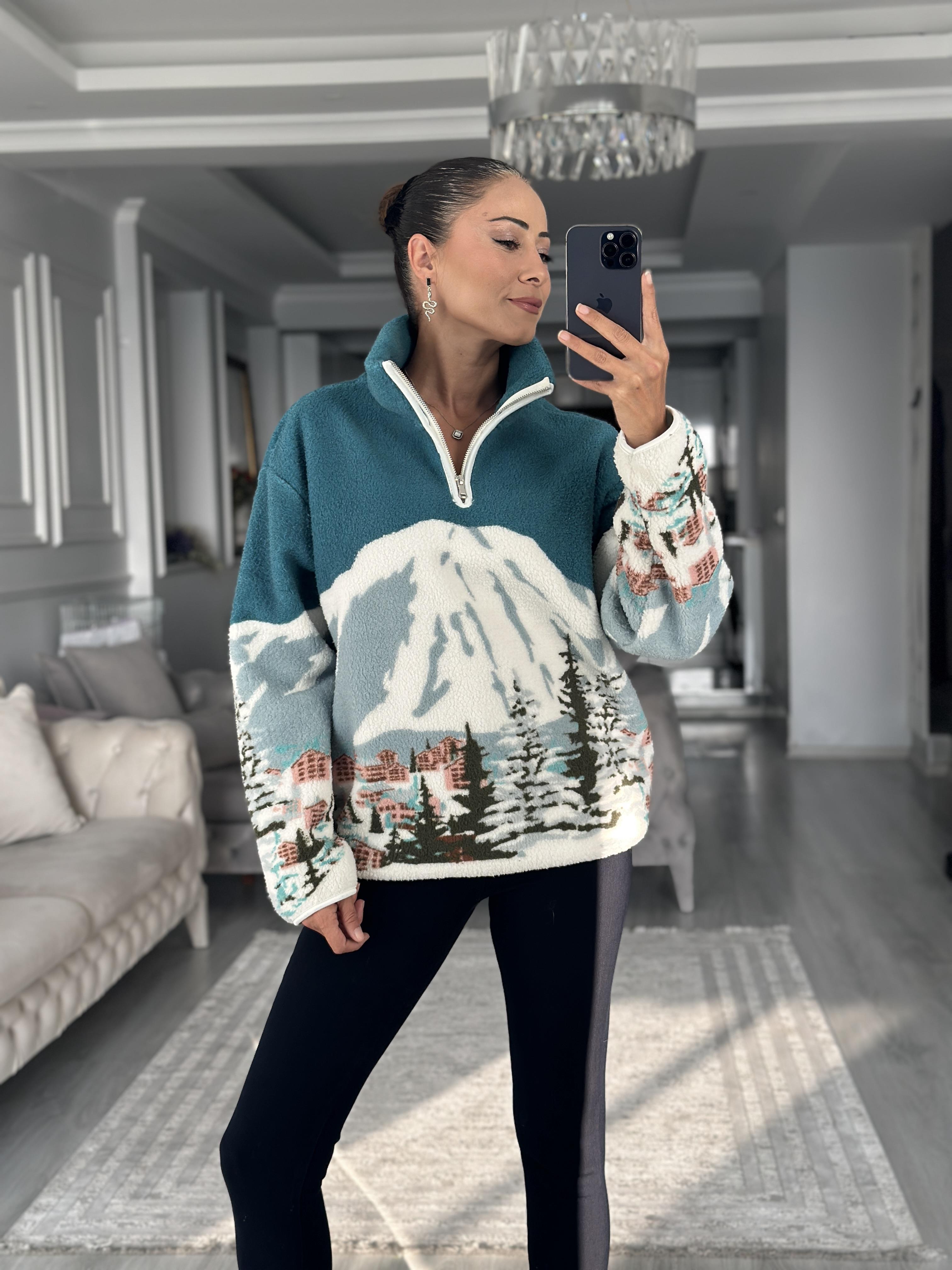 Petrol Yeşili Yarım Fermuarlı Desenli Kadın Sweatshirt