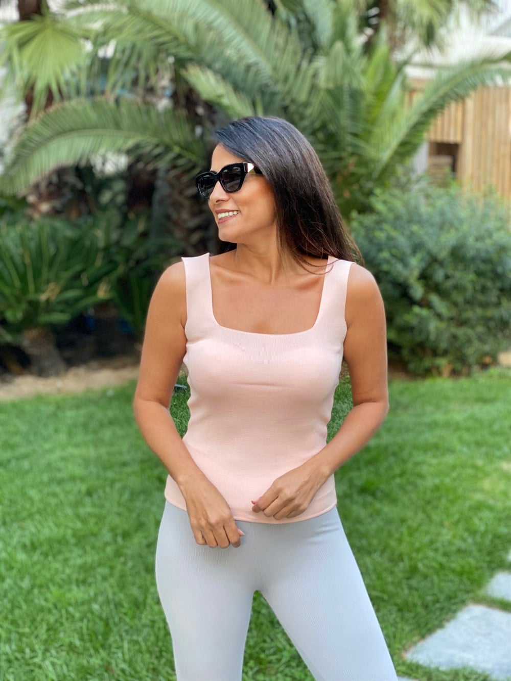 Pudra Kare Yaka Triko Kadın Body