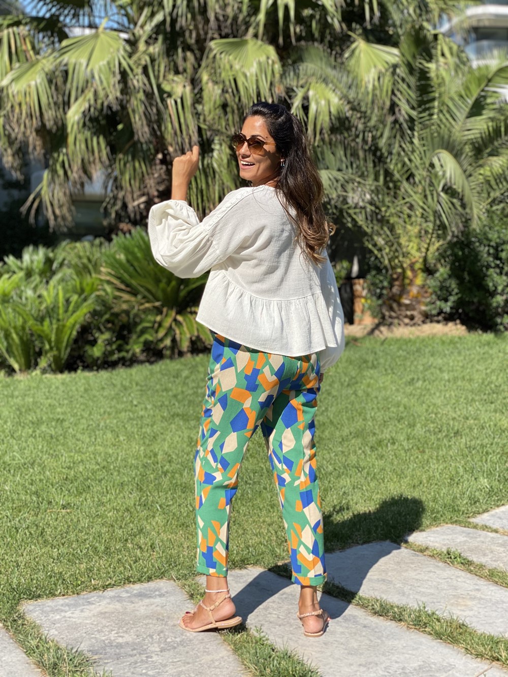 Renkli Geometrik Desen Lastikli Duble Paça Kadın Pantolon