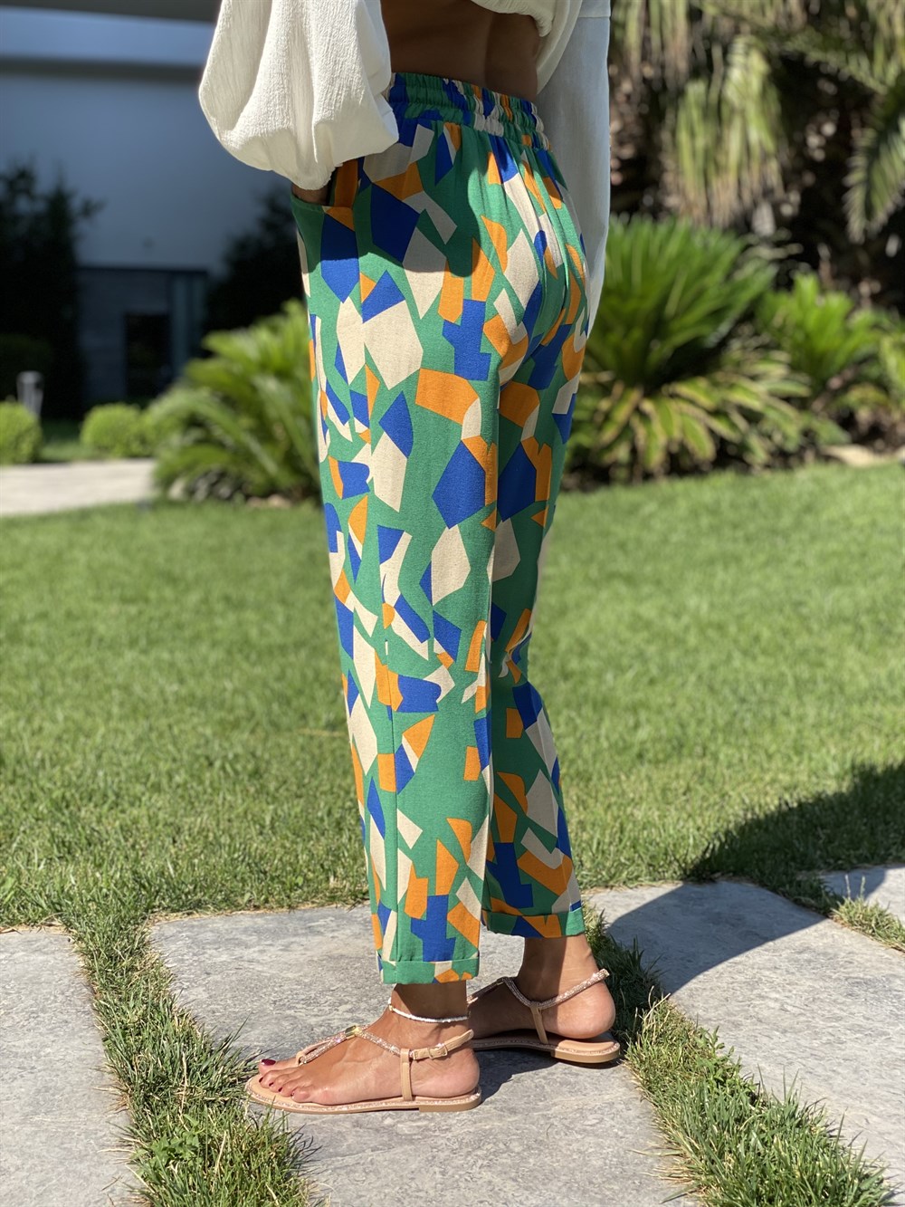 Renkli Geometrik Desen Lastikli Duble Paça Kadın Pantolon
