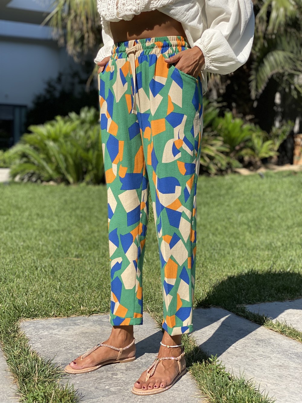 Renkli Geometrik Desen Lastikli Duble Paça Kadın Pantolon