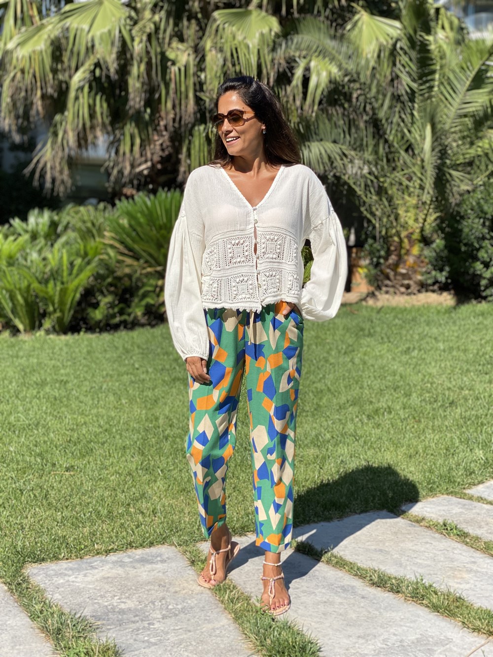 Renkli Geometrik Desen Lastikli Duble Paça Kadın Pantolon